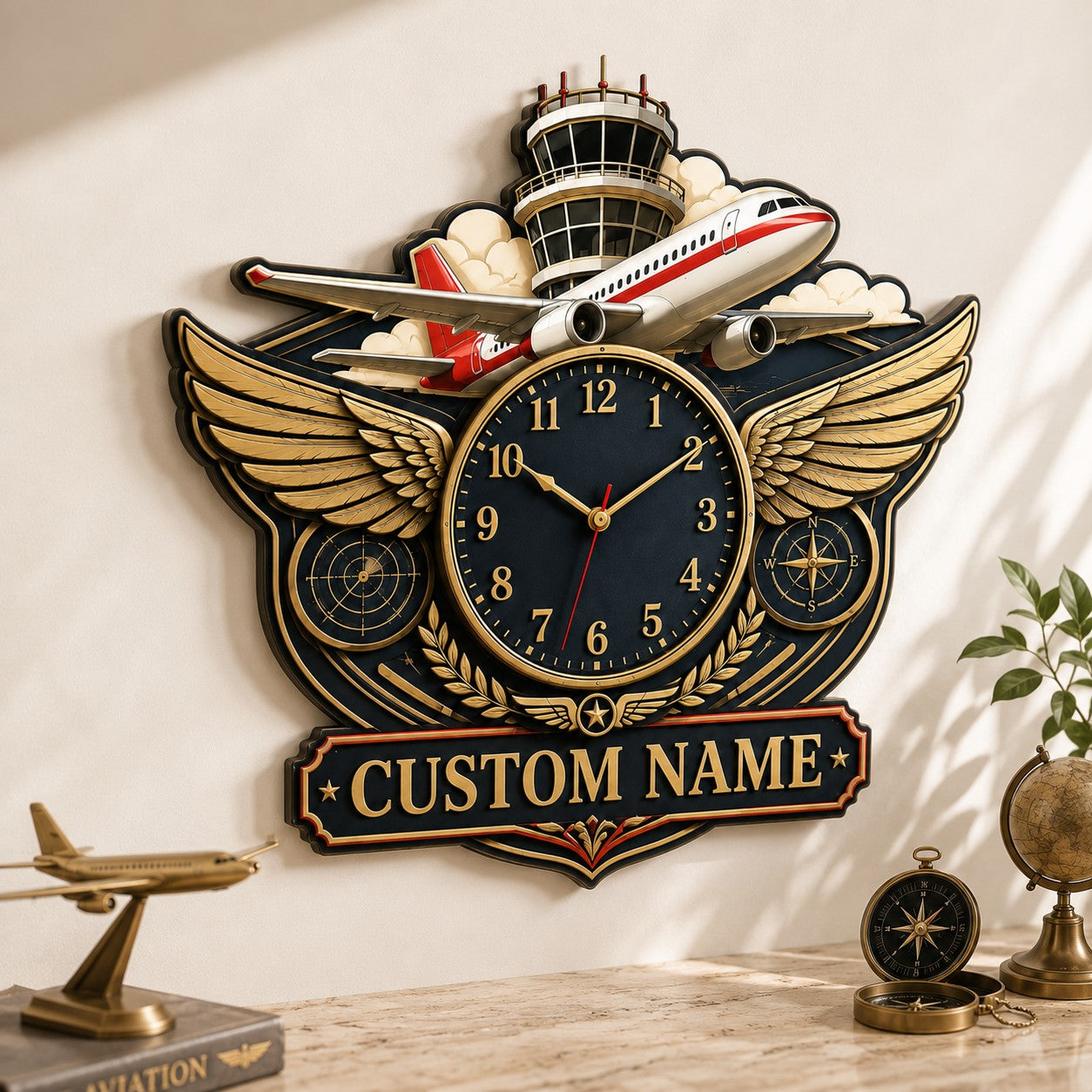 Personalized Pilots Wall Clock, Custom Name Gift for Pilots — personalized with a custom name