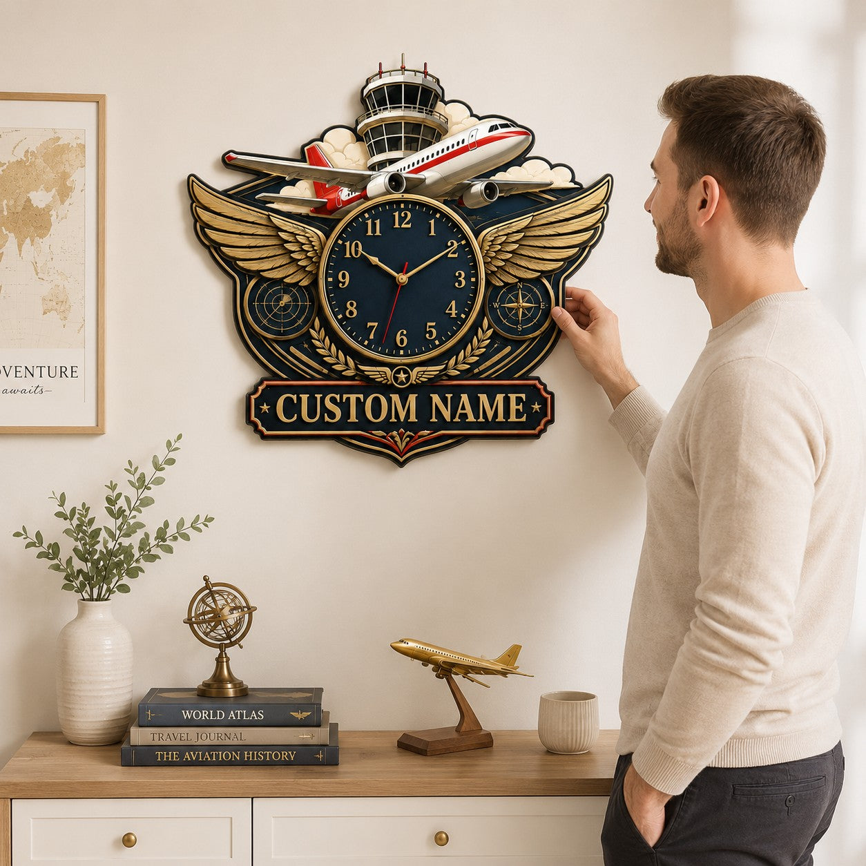 Personalized Pilots Wall Clock, Custom Name Gift for Pilots — personalized with a custom name