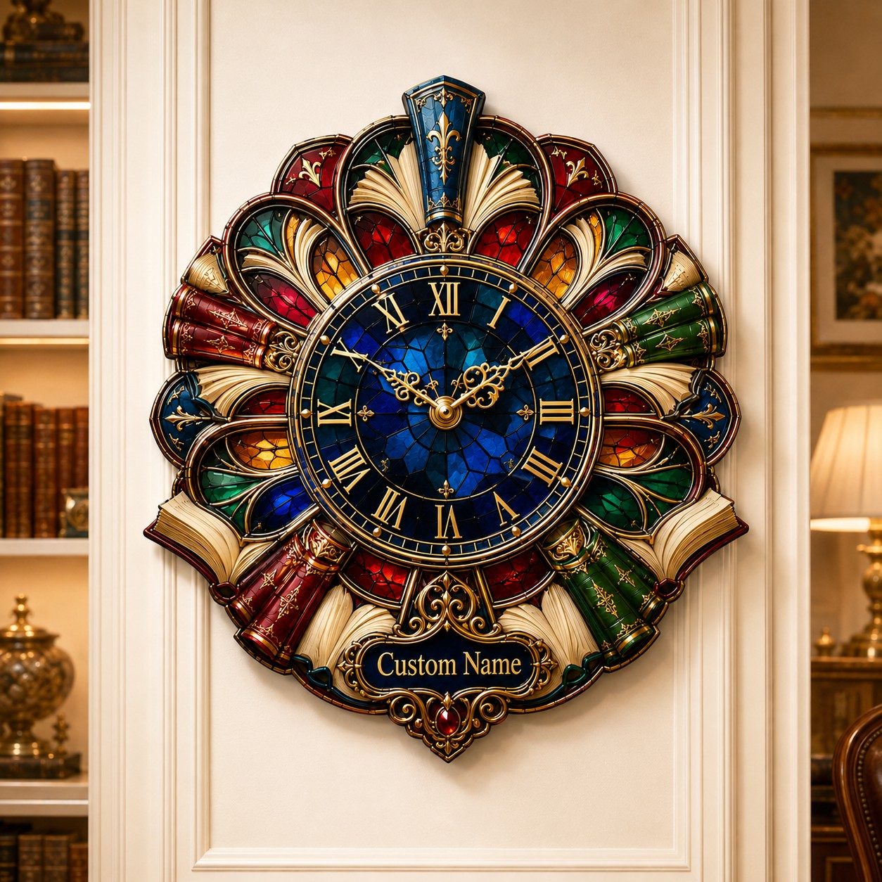 Personalized Stained Glass Book Wall Clock with Custom Name — personalized with a custom name