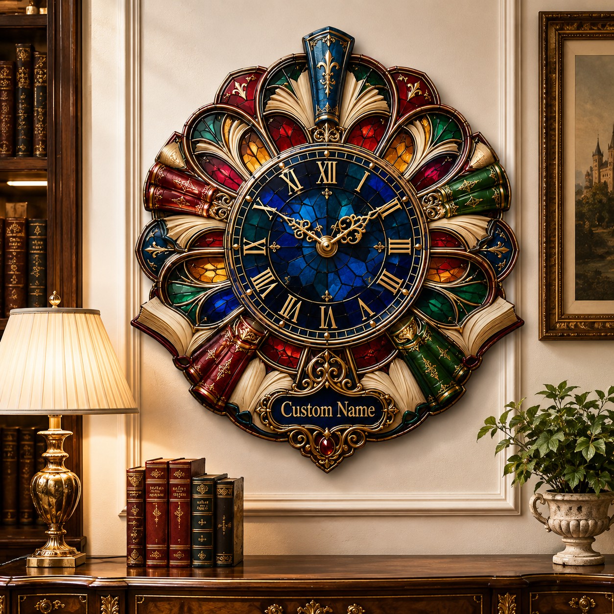 Personalized Stained Glass Book Wall Clock with Custom Name — personalized with a custom name