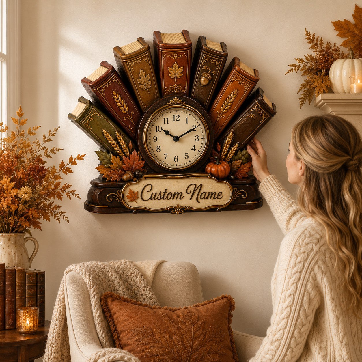 Personalized Fall Harvest Book Fan Wall Clock with Custom Name — personalized with a custom name