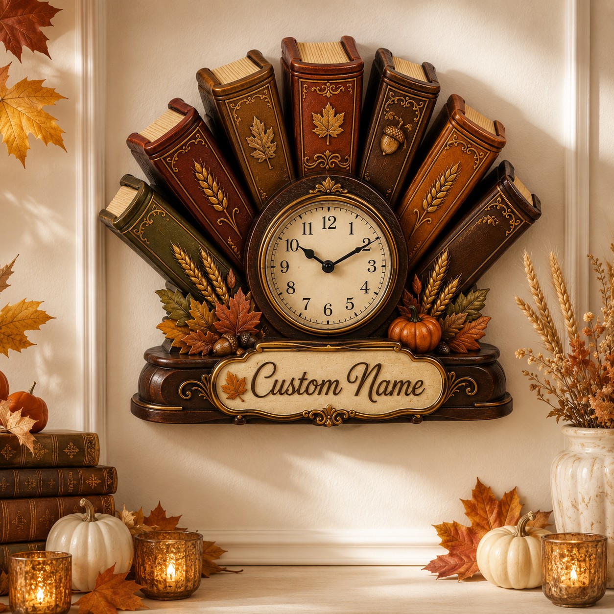 Personalized Fall Harvest Book Fan Wall Clock with Custom Name — personalized with a custom name