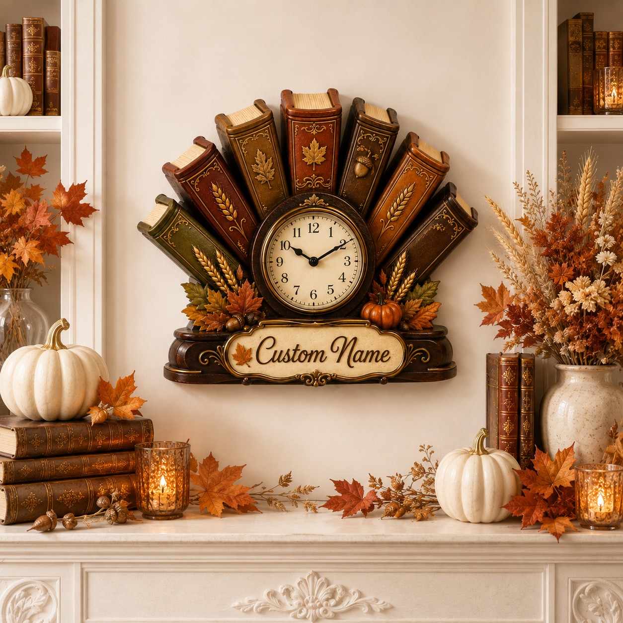 Personalized Fall Harvest Book Fan Wall Clock with Custom Name — personalized with a custom name