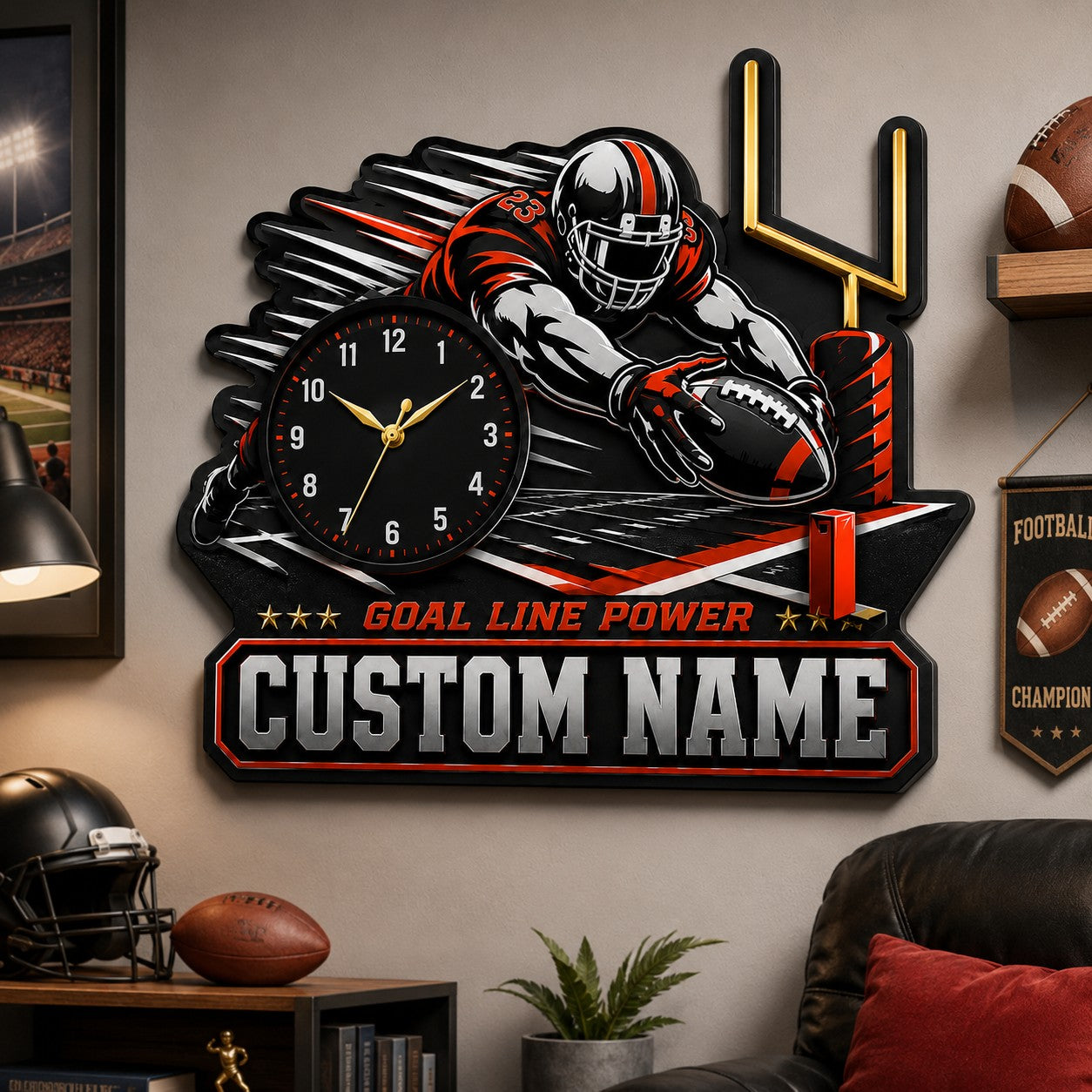Personalized Football Fan Interiors Wall Clock with Custom Name — personalized with a custom name