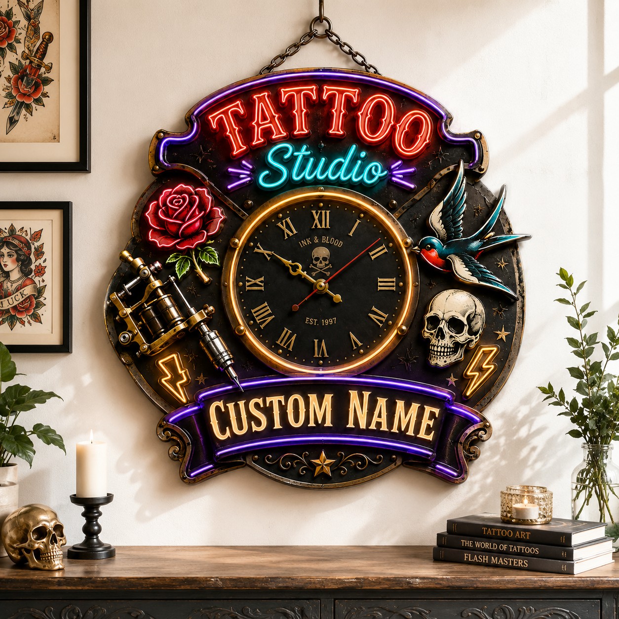 Personalized Tattoo Studio Owners Wall Clock with Custom Name — personalized with a custom name
