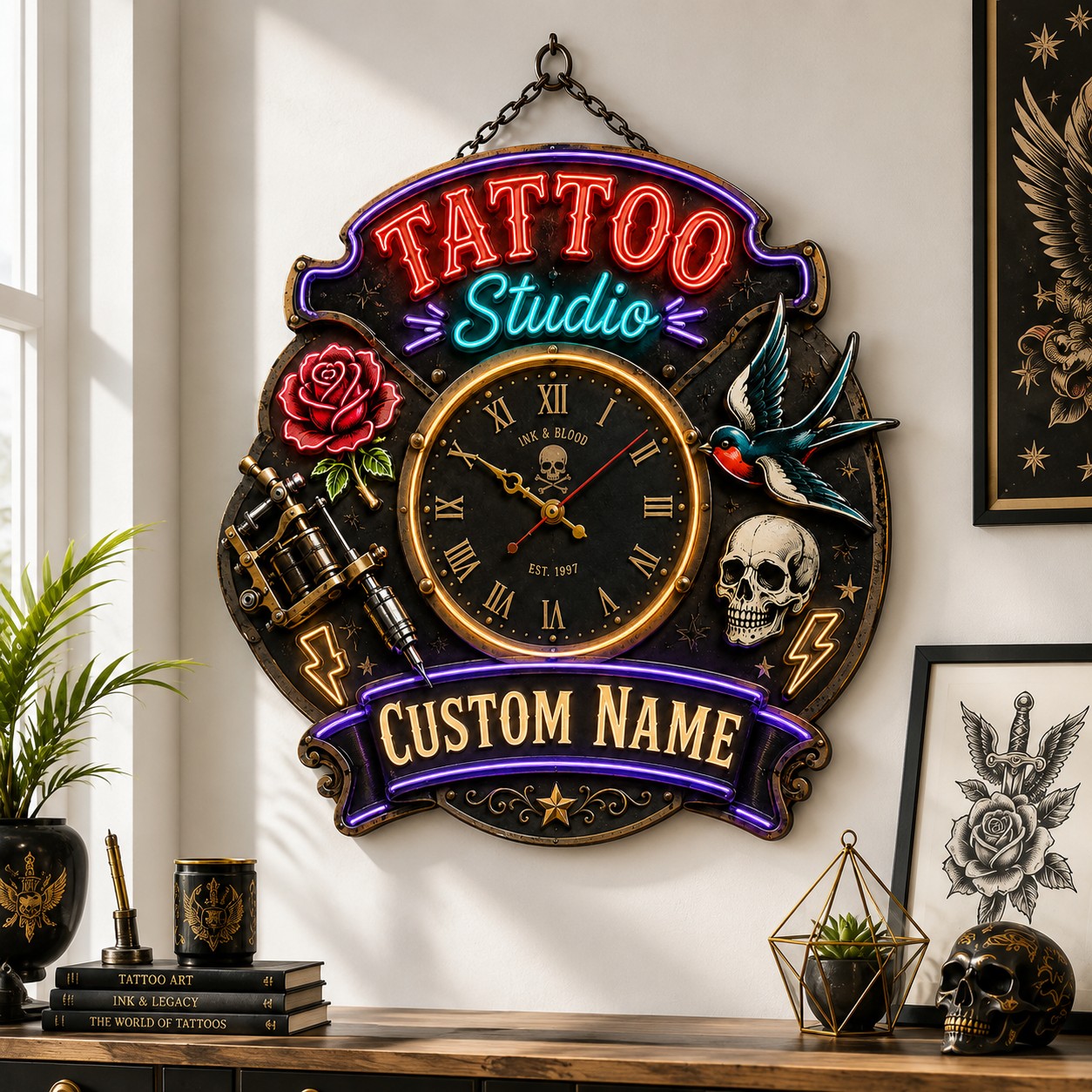 Personalized Tattoo Studio Owners Wall Clock with Custom Name — personalized with a custom name