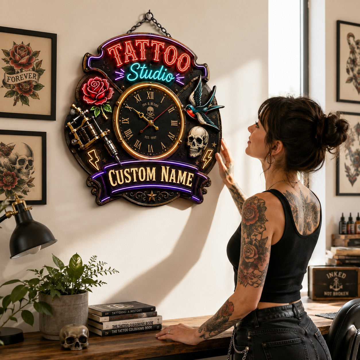 Personalized Tattoo Studio Owners Wall Clock with Custom Name — personalized with a custom name