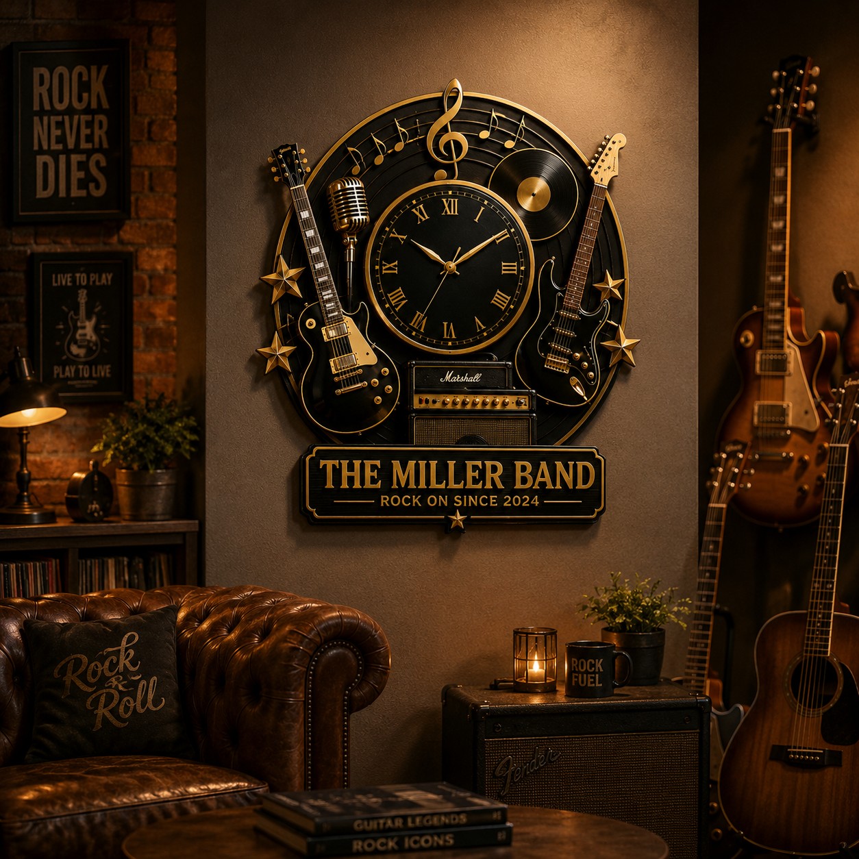 Personalized Rock Band Wall Clock with Custom Name — personalized with a custom name