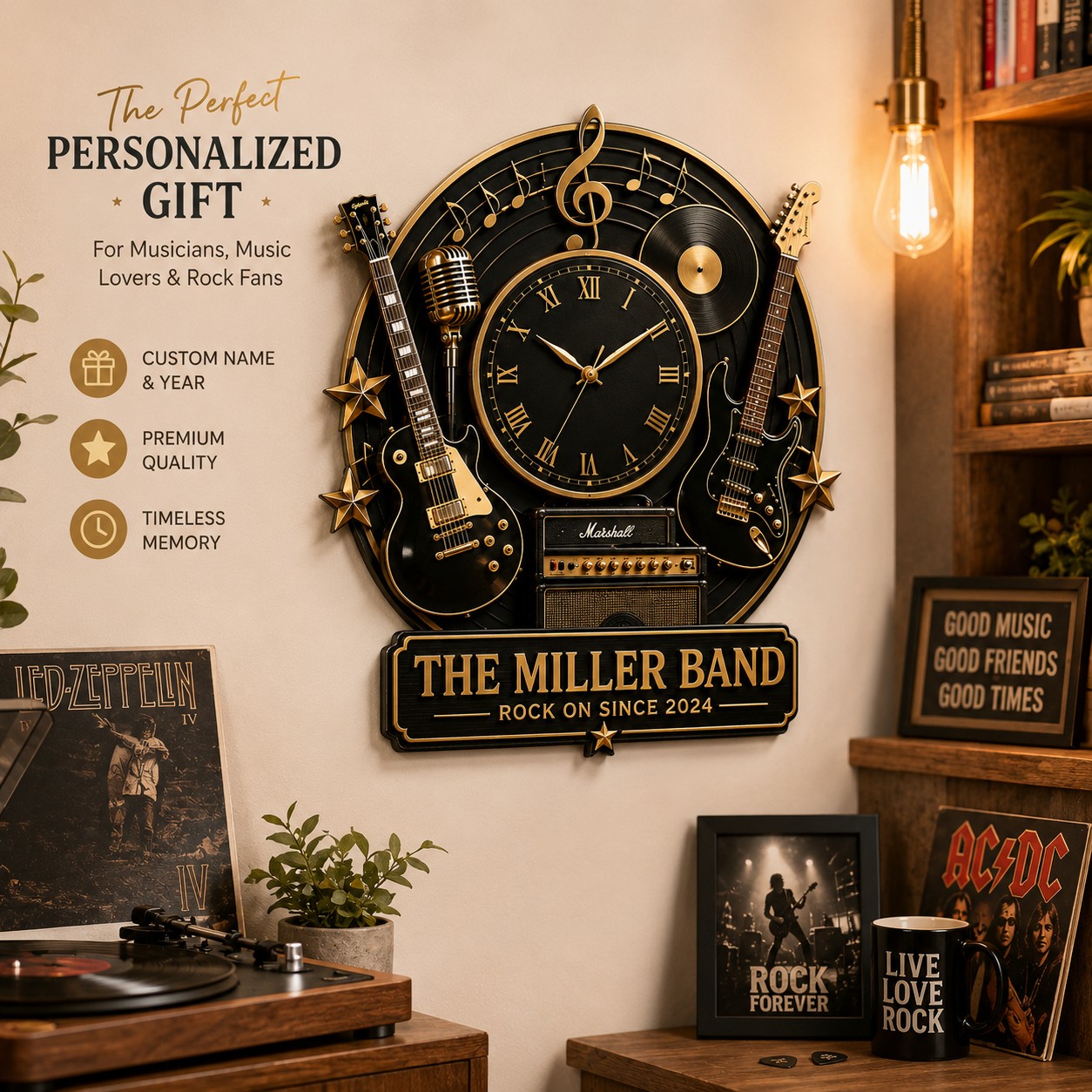 Personalized Rock Band Wall Clock with Custom Name — personalized with a custom name