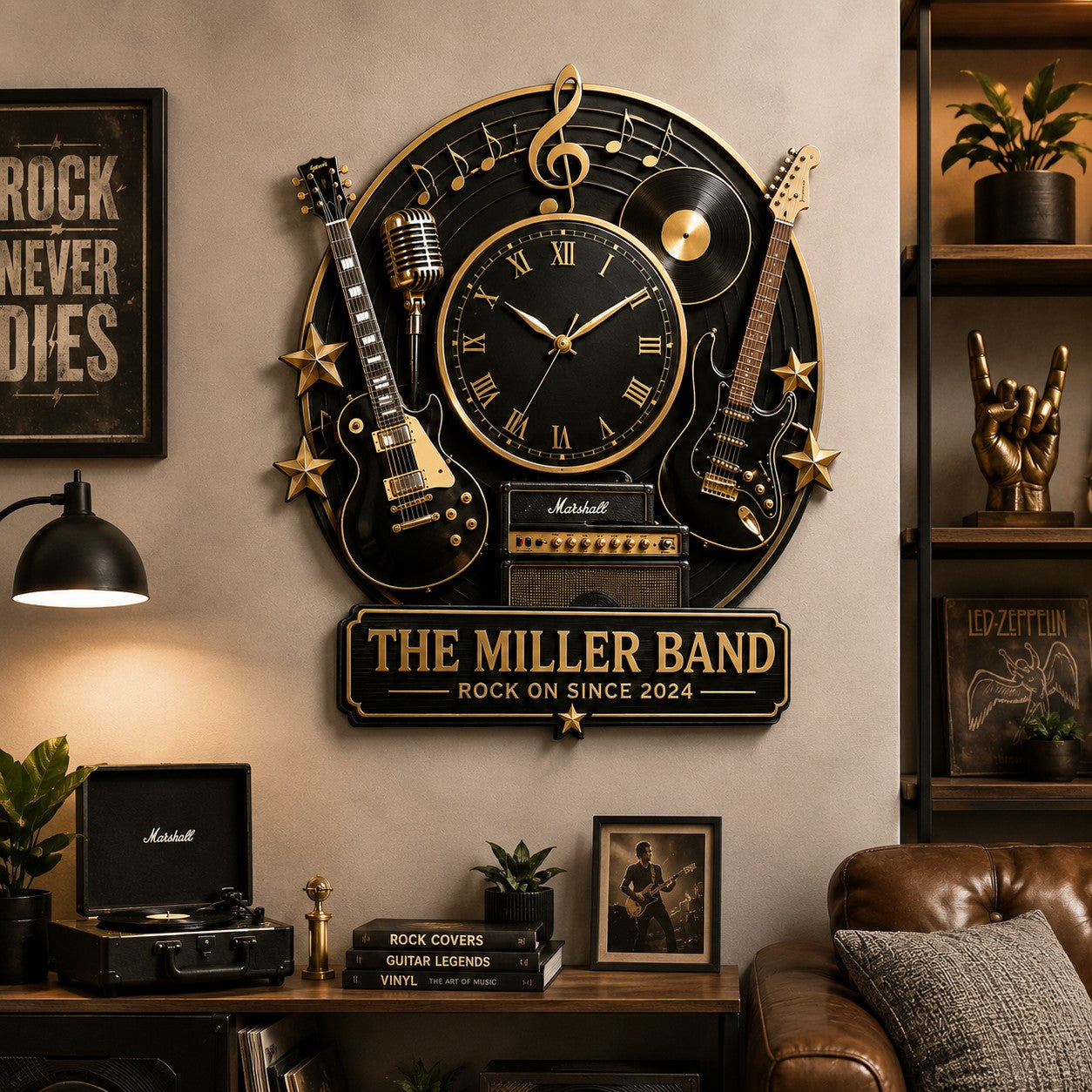 Personalized Rock Band Wall Clock with Custom Name — personalized with a custom name