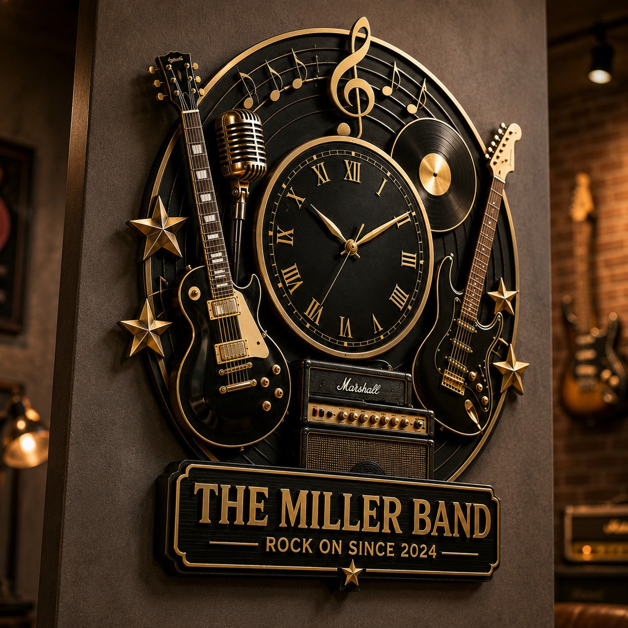 Personalized Rock Band Wall Clock with Custom Name — personalized with a custom name