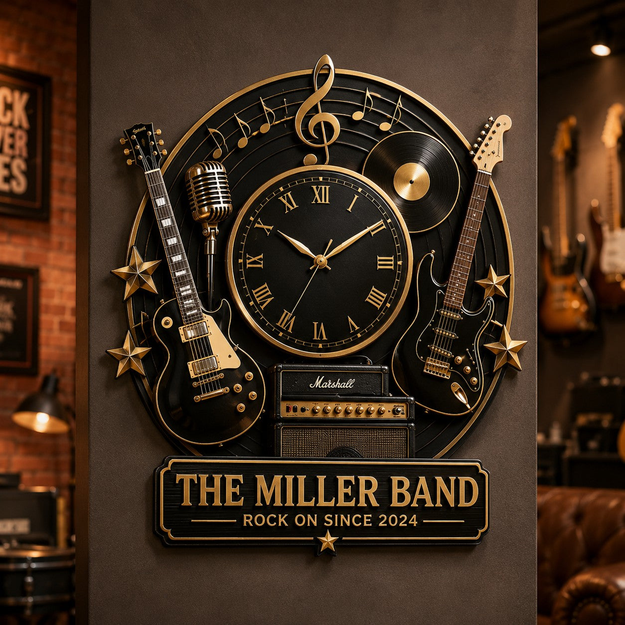 Personalized Rock Band Wall Clock with Custom Name — personalized with a custom name