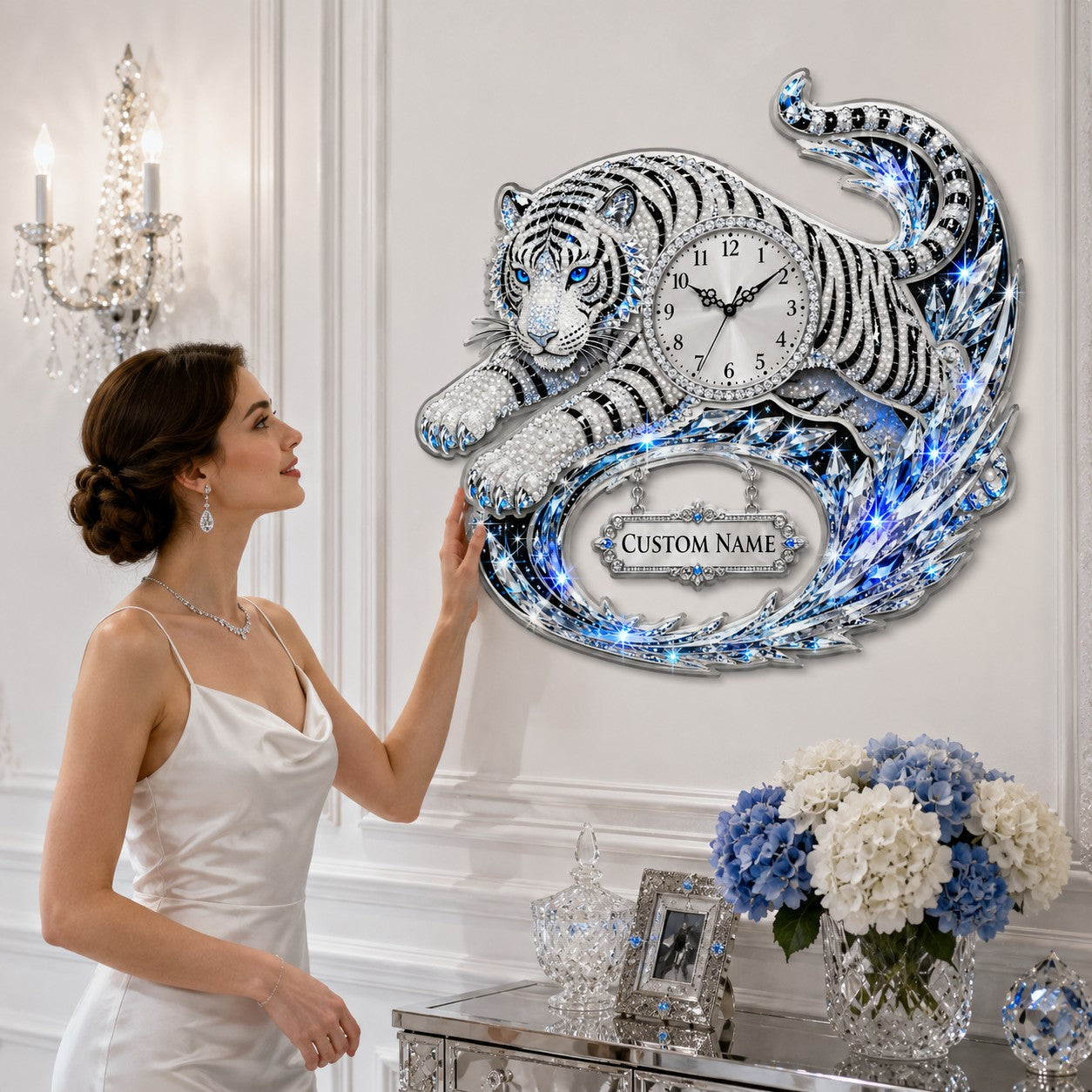 Personalized Reclining White Tiger Wall Clock with Custom Name — personalized with a custom name