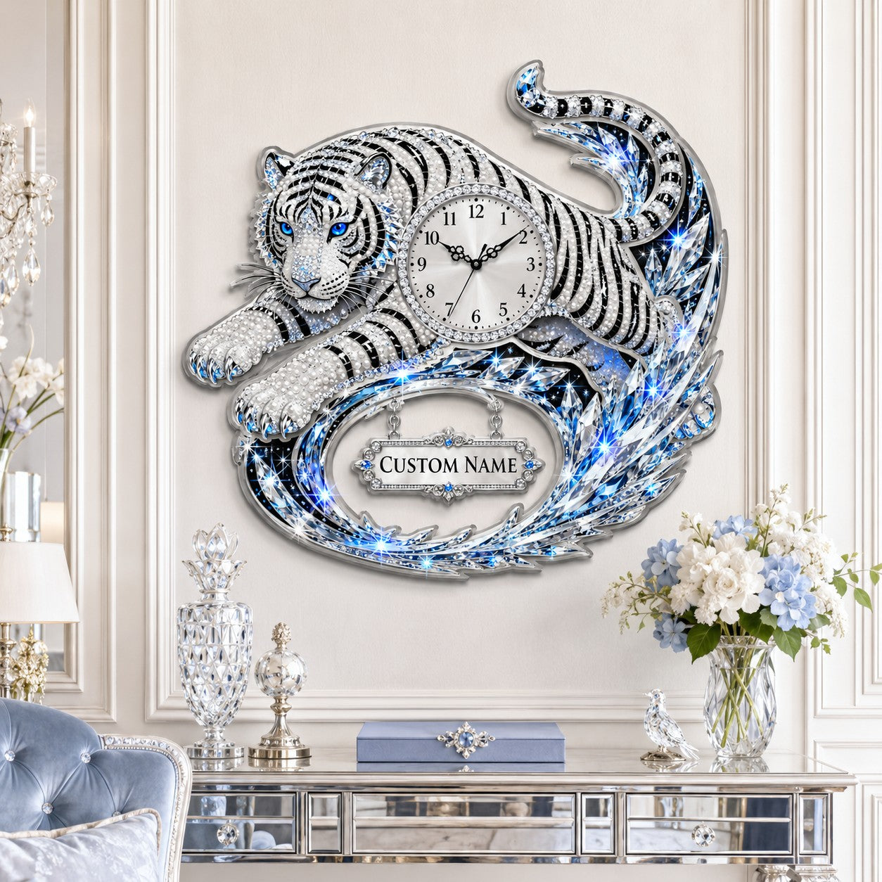 Personalized Reclining White Tiger Wall Clock with Custom Name — personalized with a custom name