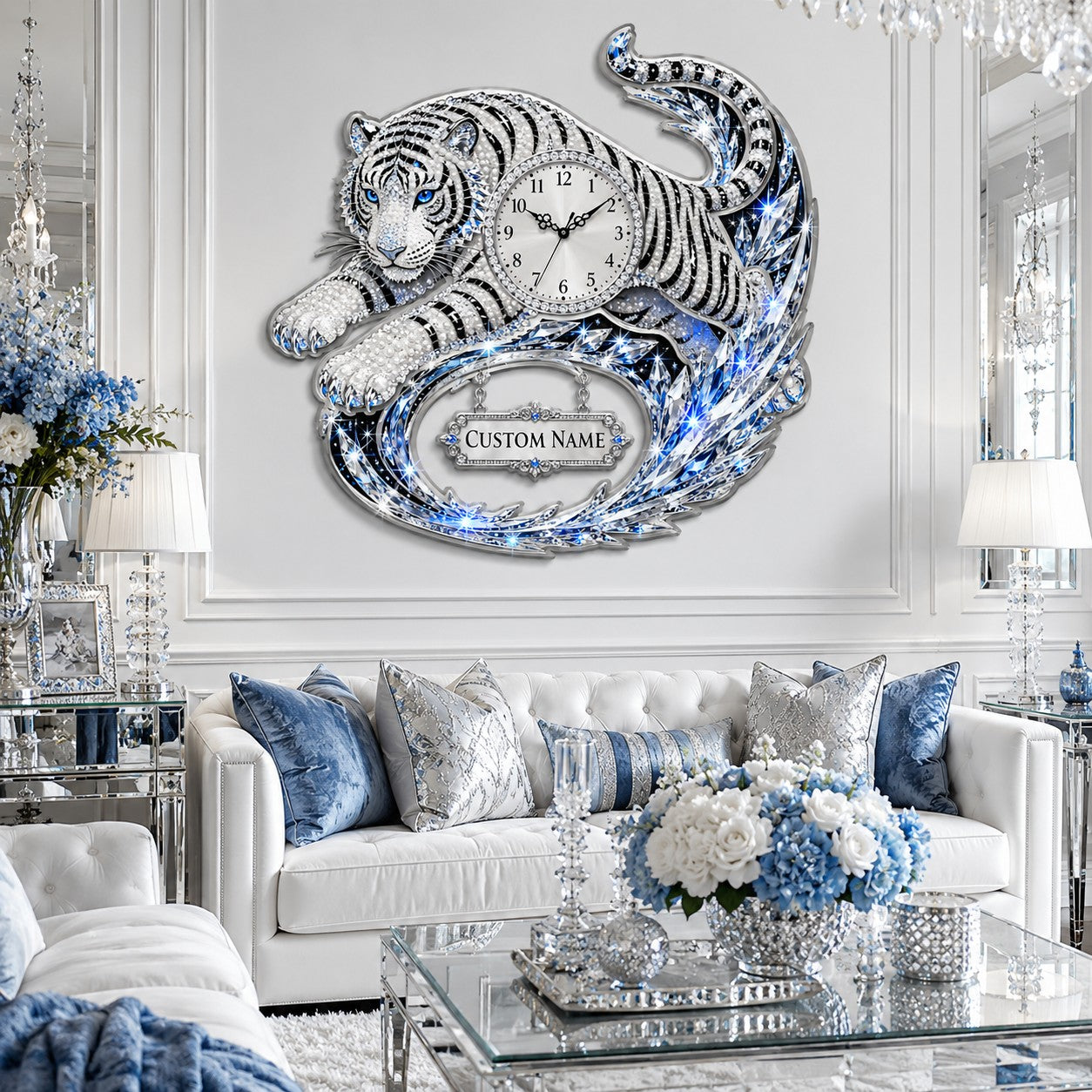 Personalized Reclining White Tiger Wall Clock with Custom Name — personalized with a custom name