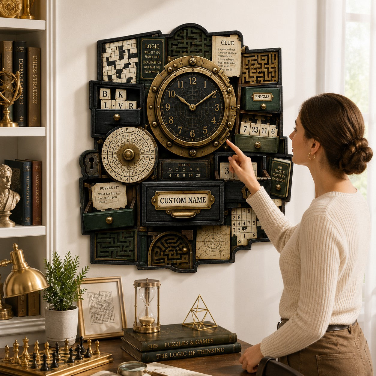 Personalized Puzzle Book Lovers Wall Clock with Custom Name — personalized with a custom name