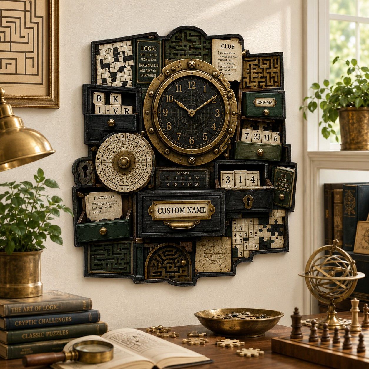 Personalized Puzzle Book Lovers Wall Clock with Custom Name — personalized with a custom name