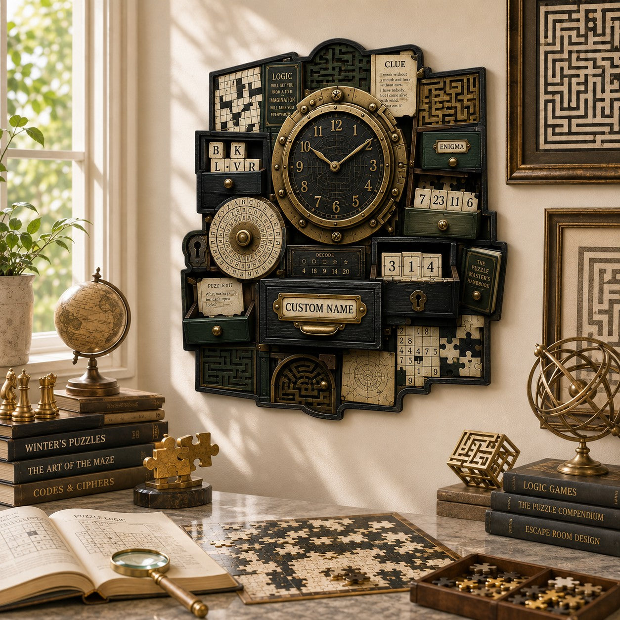 Personalized Puzzle Book Lovers Wall Clock with Custom Name — personalized with a custom name