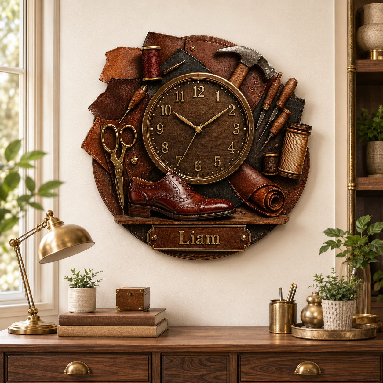 Personalized Leatherworker Wall Clock with Custom Name — personalized with a custom name