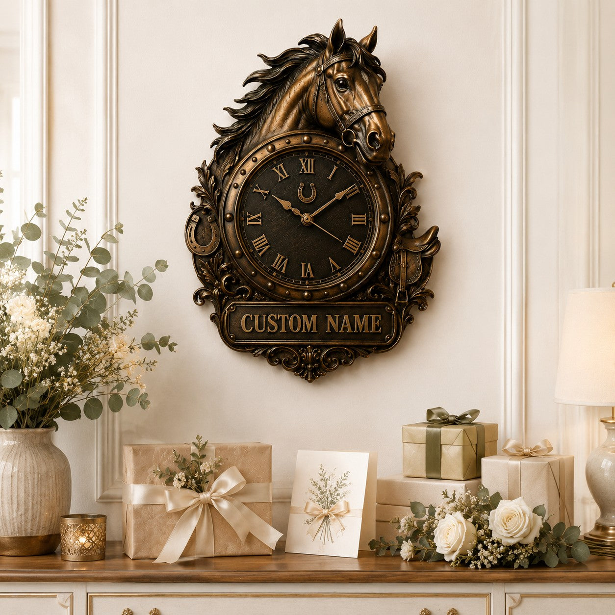 Personalized Horse Wall Clock, Custom Name Gift for Horse Lovers — personalized with a custom name