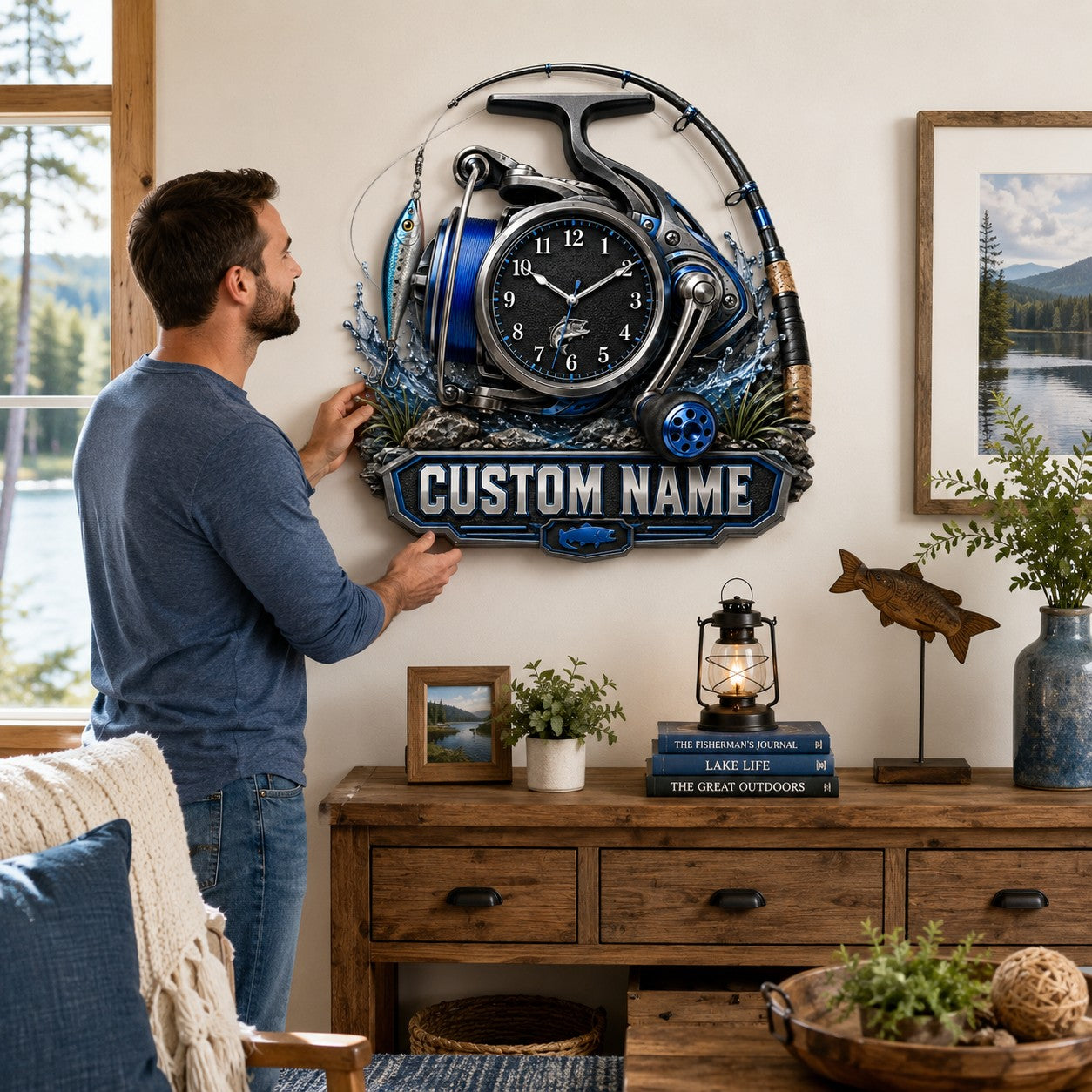 Personalized Fishing Reel Wall Clock, Custom Name Gift for Anglers — personalized with a custom name