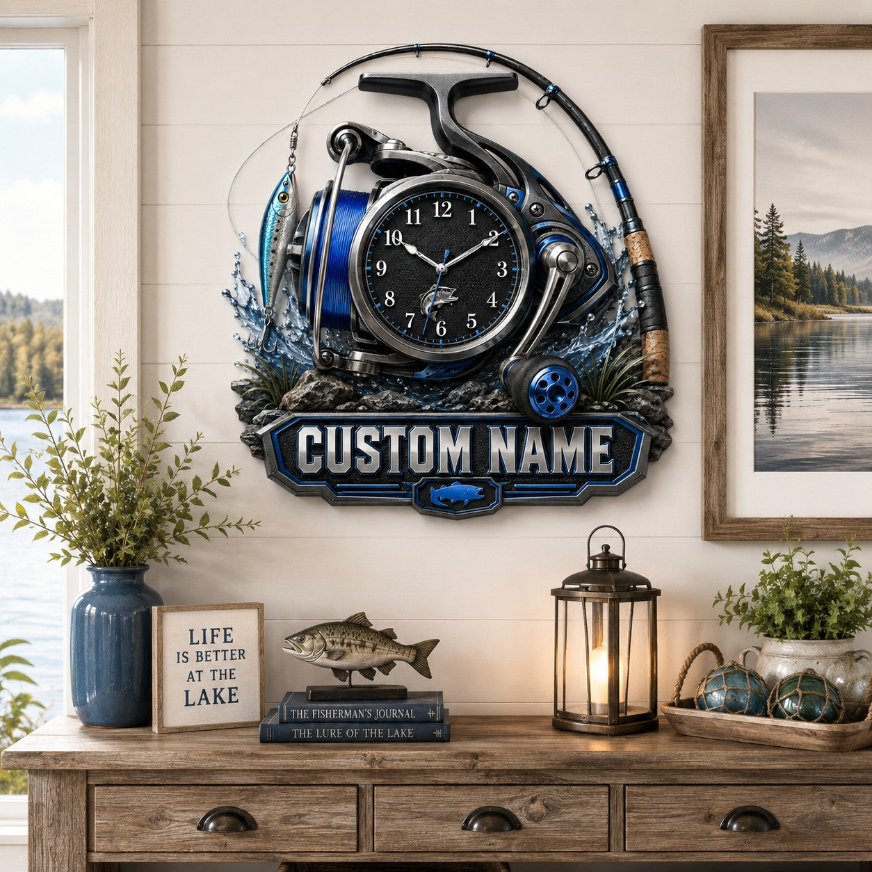 Personalized Fishing Reel Wall Clock, Custom Name Gift for Anglers — personalized with a custom name