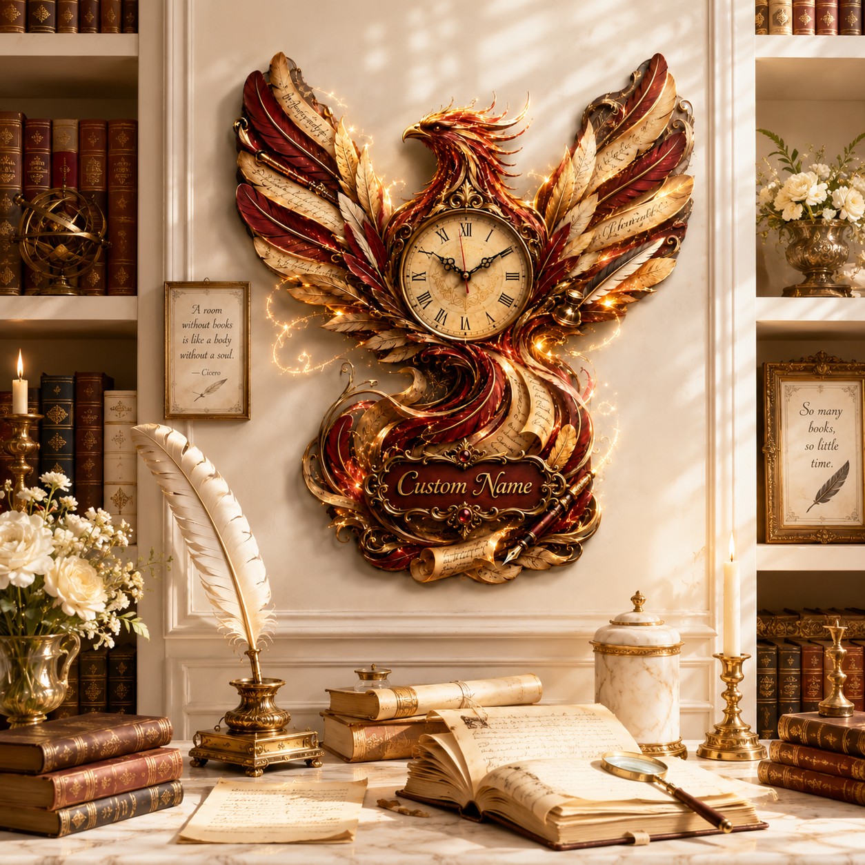 Personalized Phoenix Book Lover Wall Clock with Custom Name — personalized with a custom name