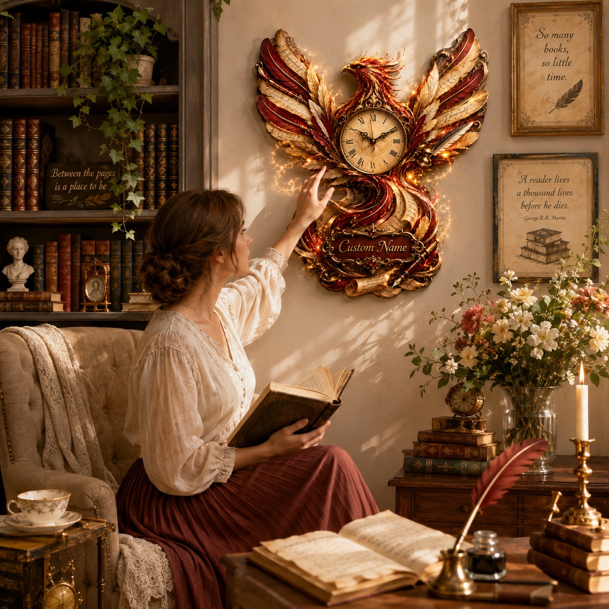 Personalized Phoenix Book Lover Wall Clock with Custom Name — personalized with a custom name