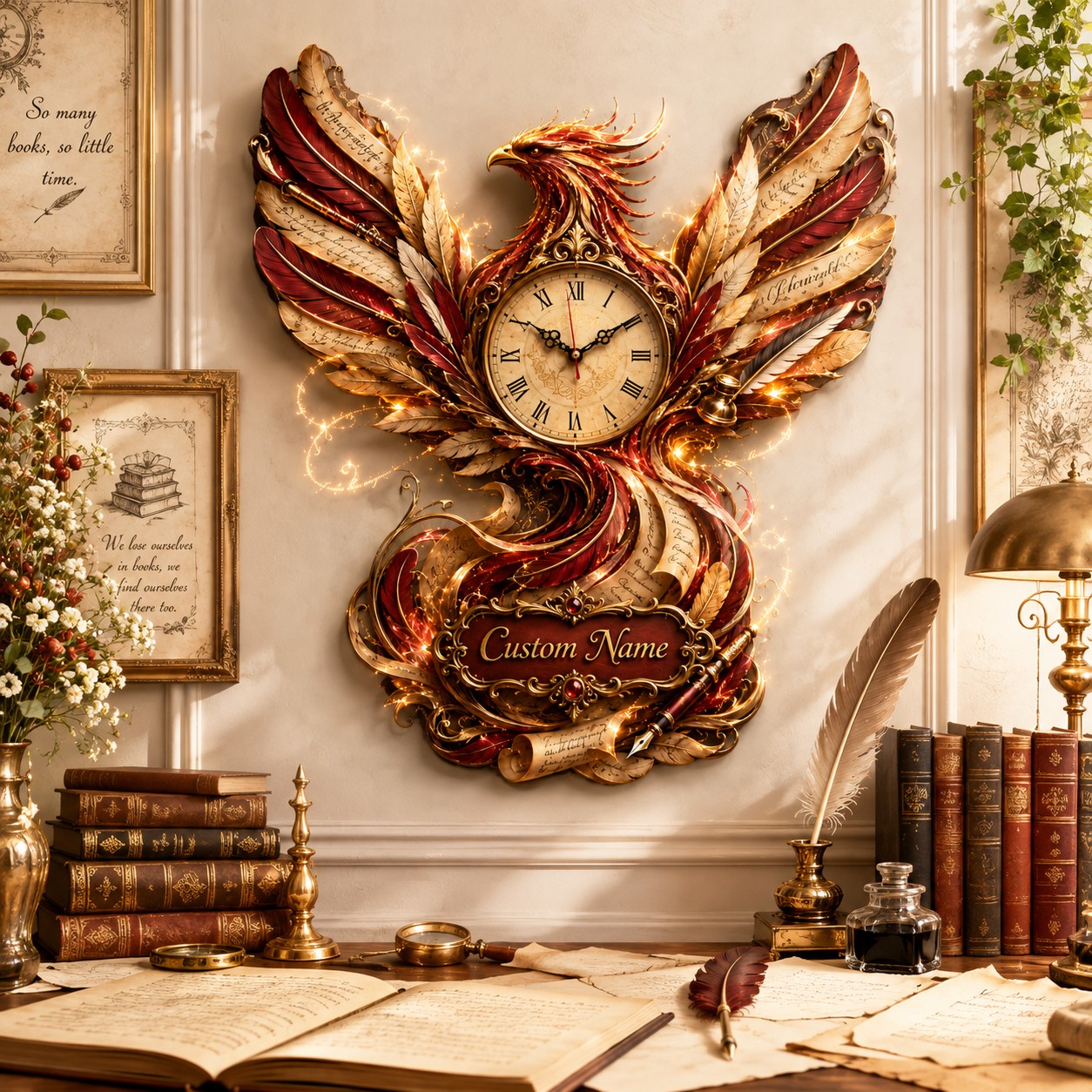 Personalized Phoenix Book Lover Wall Clock with Custom Name — personalized with a custom name
