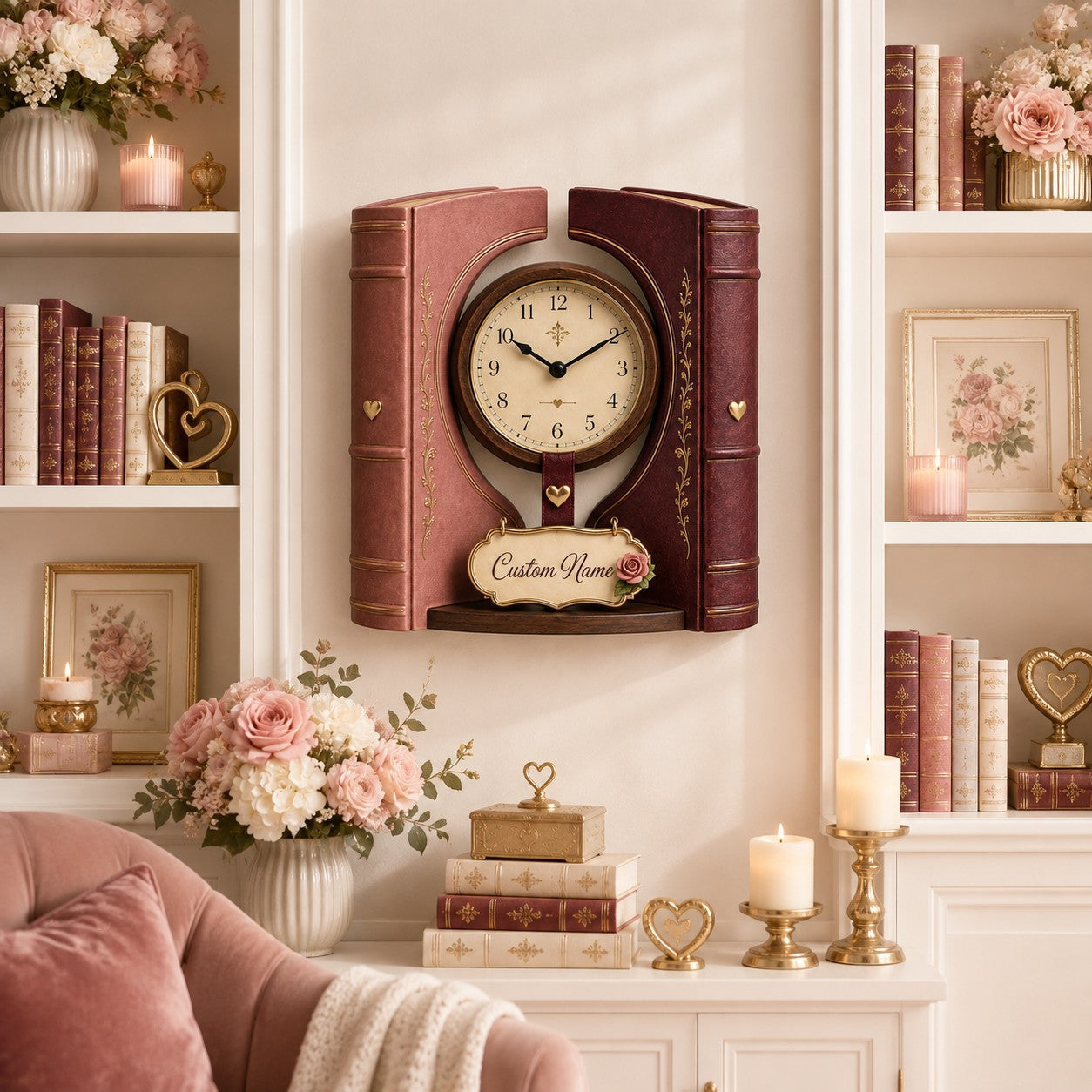 Personalized Valentine Book Embrace Wall Clock with Custom Name — personalized with a custom name