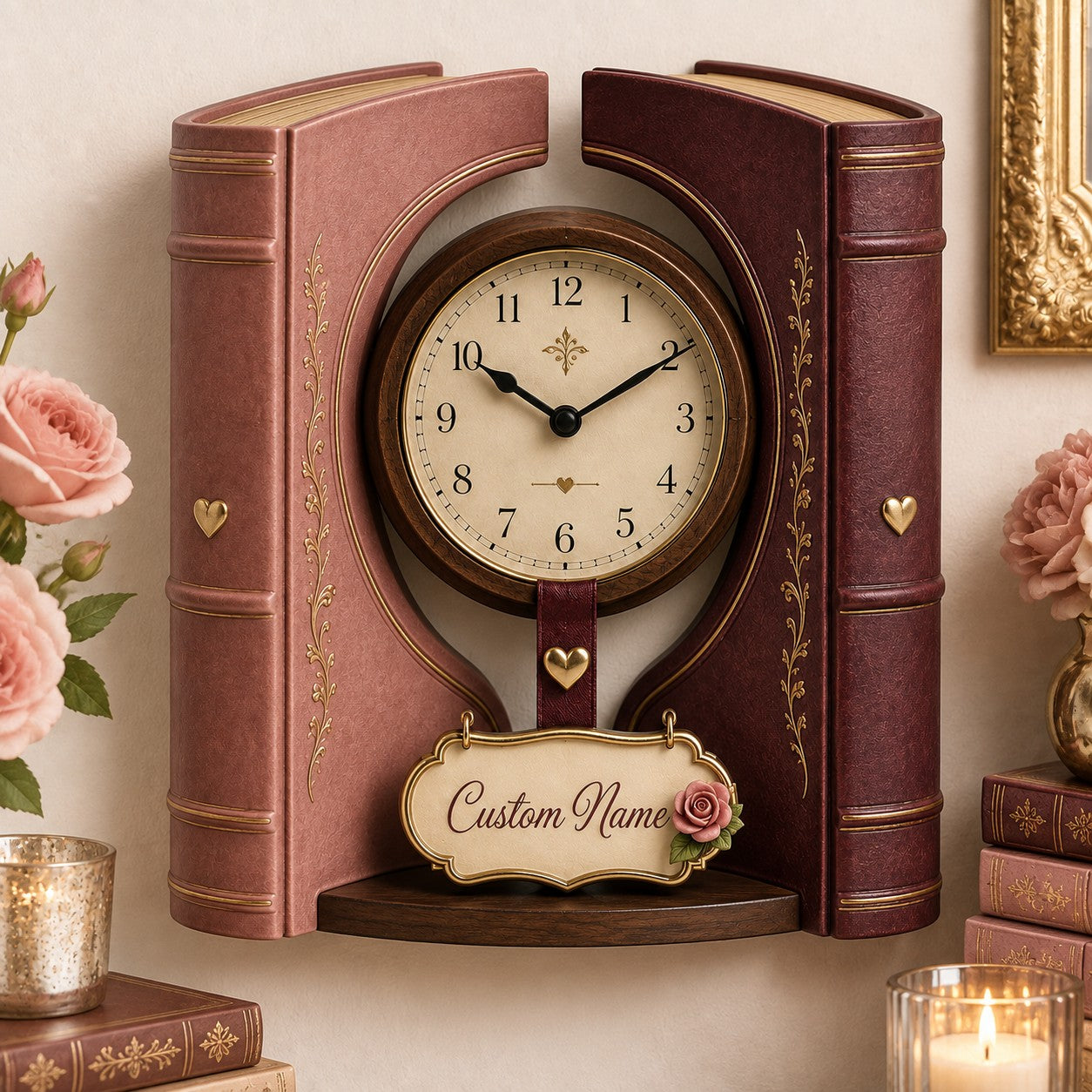 Personalized Valentine Book Embrace Wall Clock with Custom Name — personalized with a custom name