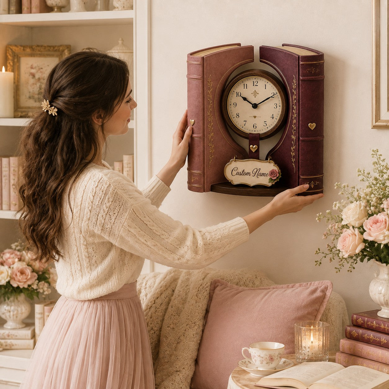 Personalized Valentine Book Embrace Wall Clock with Custom Name — personalized with a custom name
