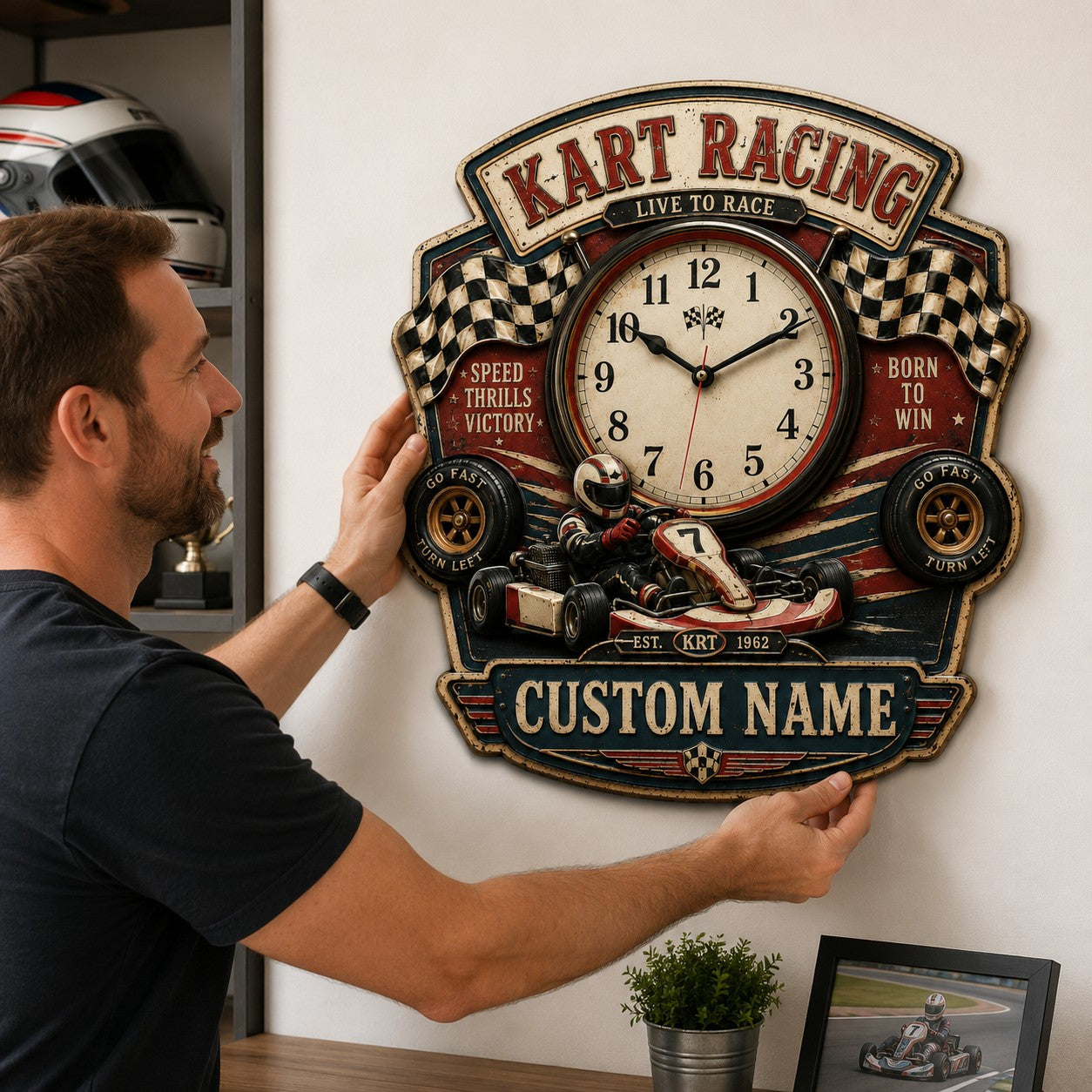 Personalized Go Kart Wall Clock with Custom Name — personalized with a custom name