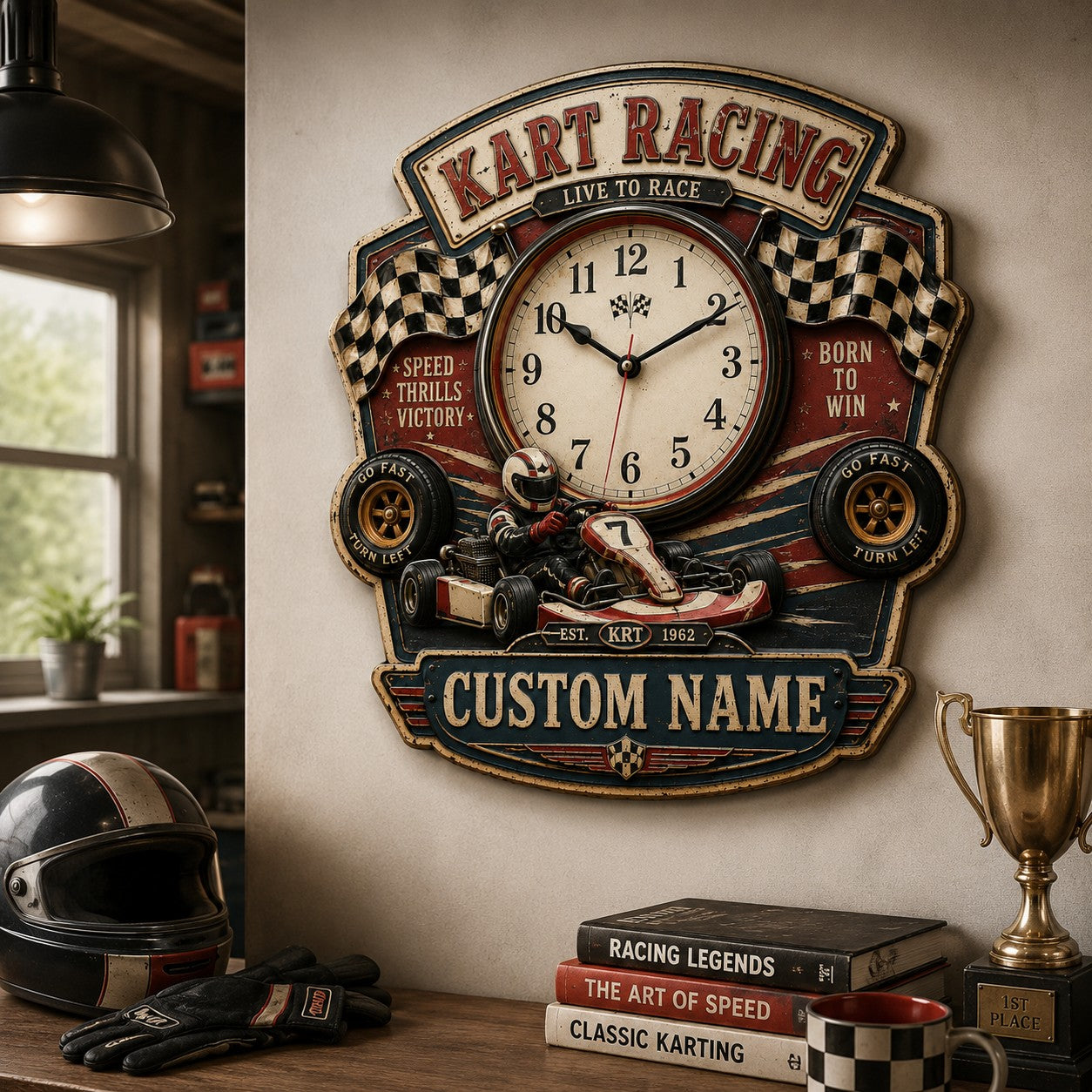 Personalized Go Kart Wall Clock with Custom Name — personalized with a custom name
