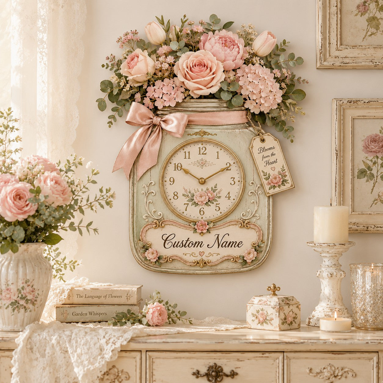 Personalized Floral Mason Jar Wall Clock with Custom Name — personalized with a custom name