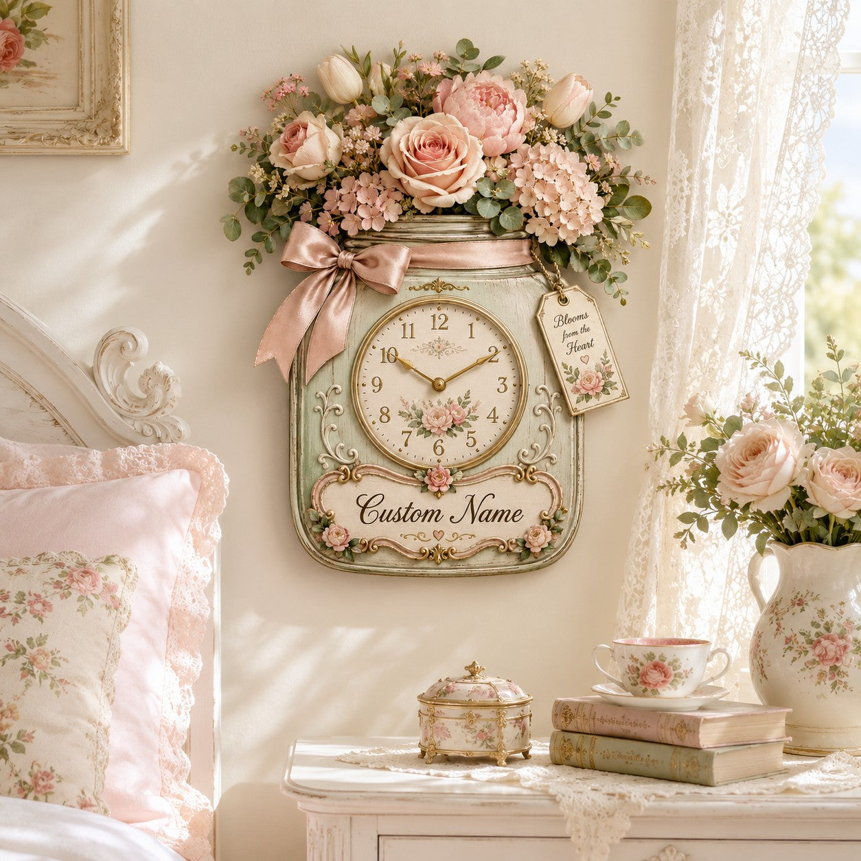 Personalized Floral Mason Jar Wall Clock with Custom Name — personalized with a custom name