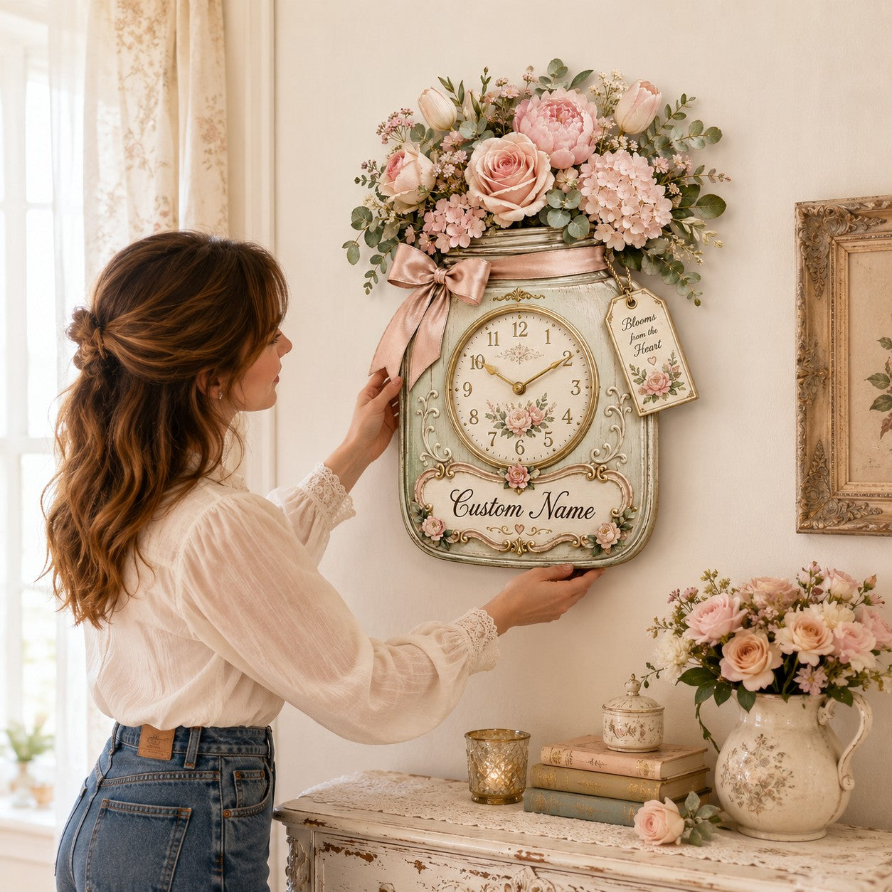 Personalized Floral Mason Jar Wall Clock with Custom Name — personalized with a custom name