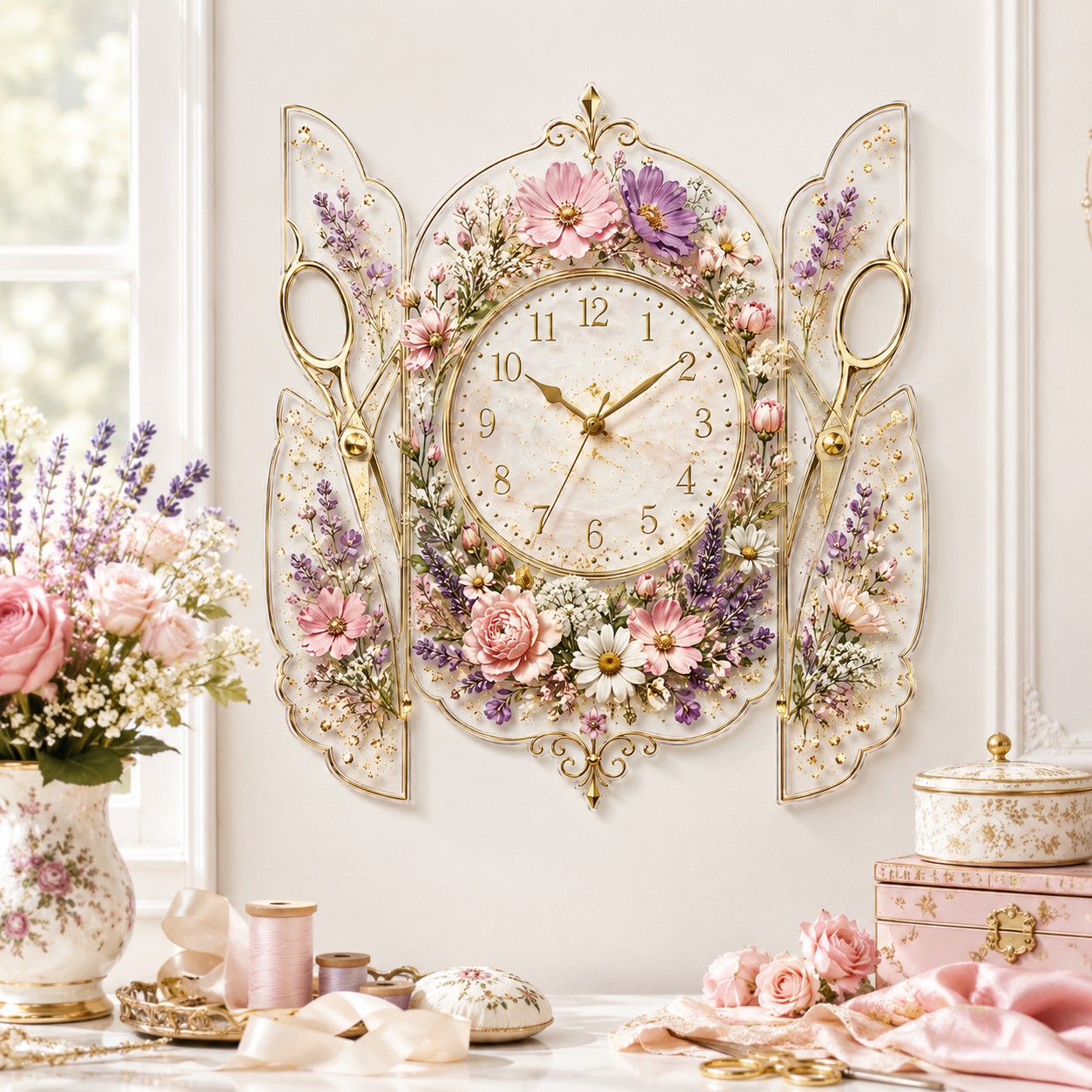 Personalized Floral Scissors Wall Clock with Custom Name — personalized with a custom name