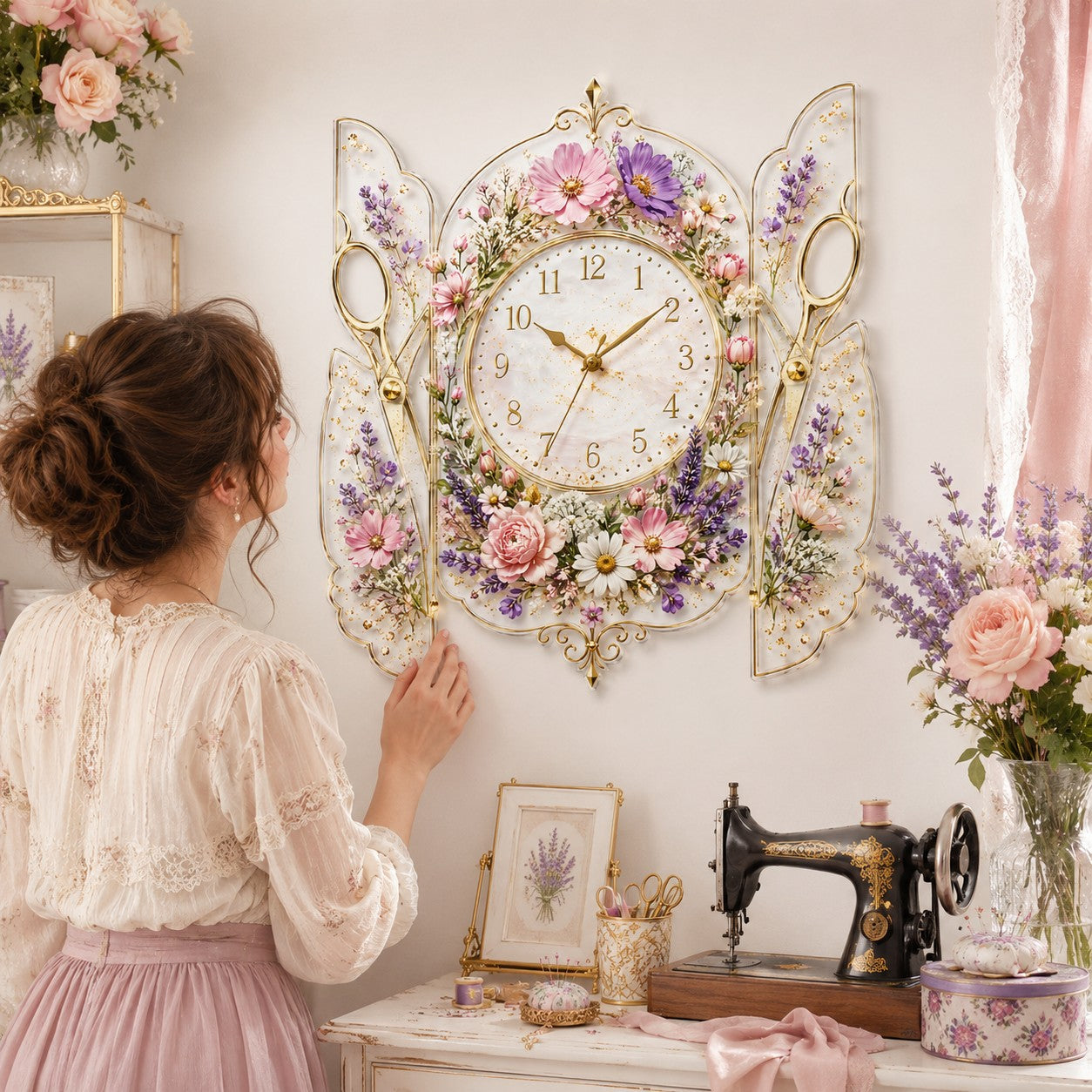 Personalized Floral Scissors Wall Clock with Custom Name — personalized with a custom name