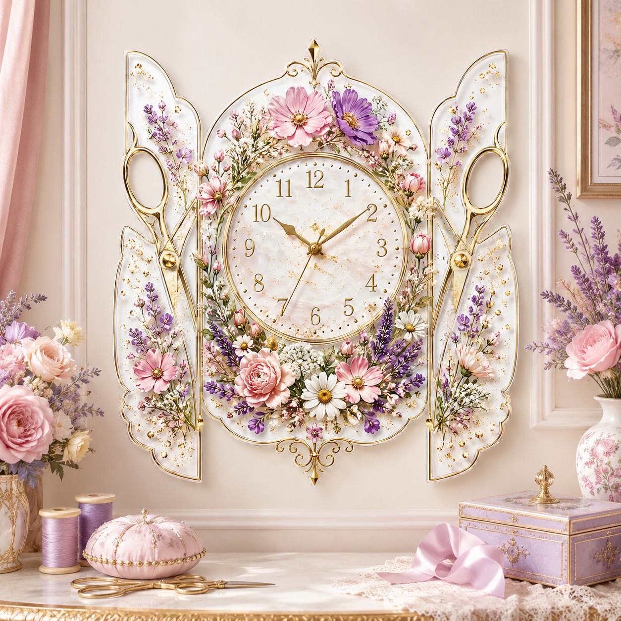 Personalized Floral Scissors Wall Clock with Custom Name — personalized with a custom name