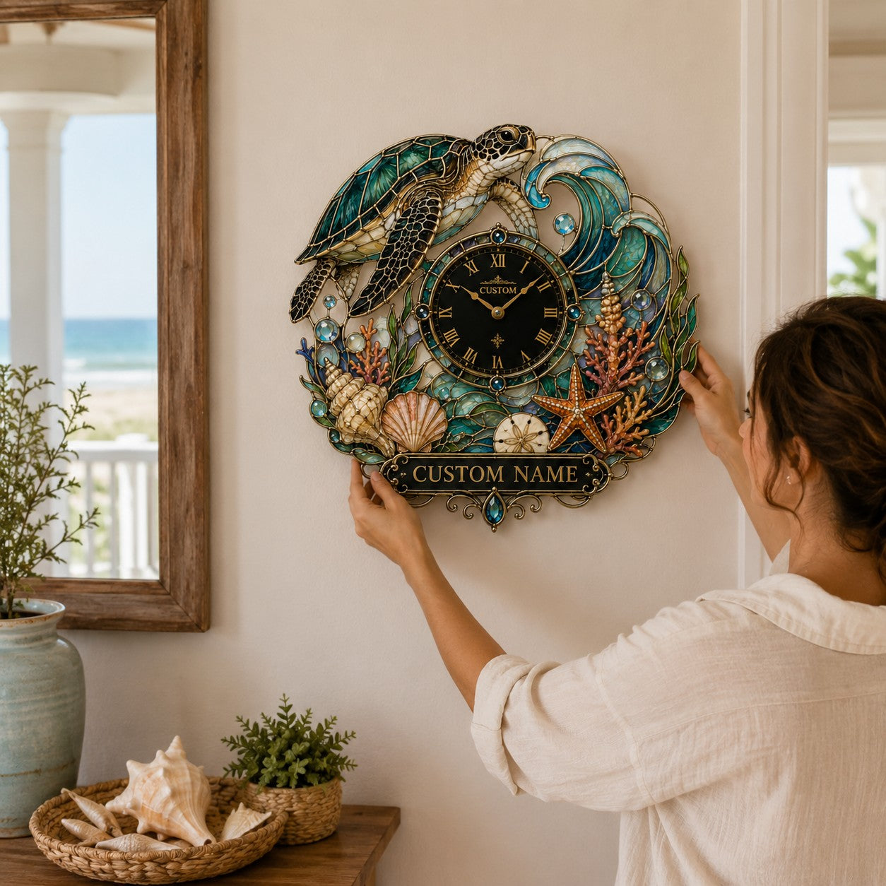 Personalized Sea Turtle Lovers Wall Clock with Custom Name — personalized with a custom name