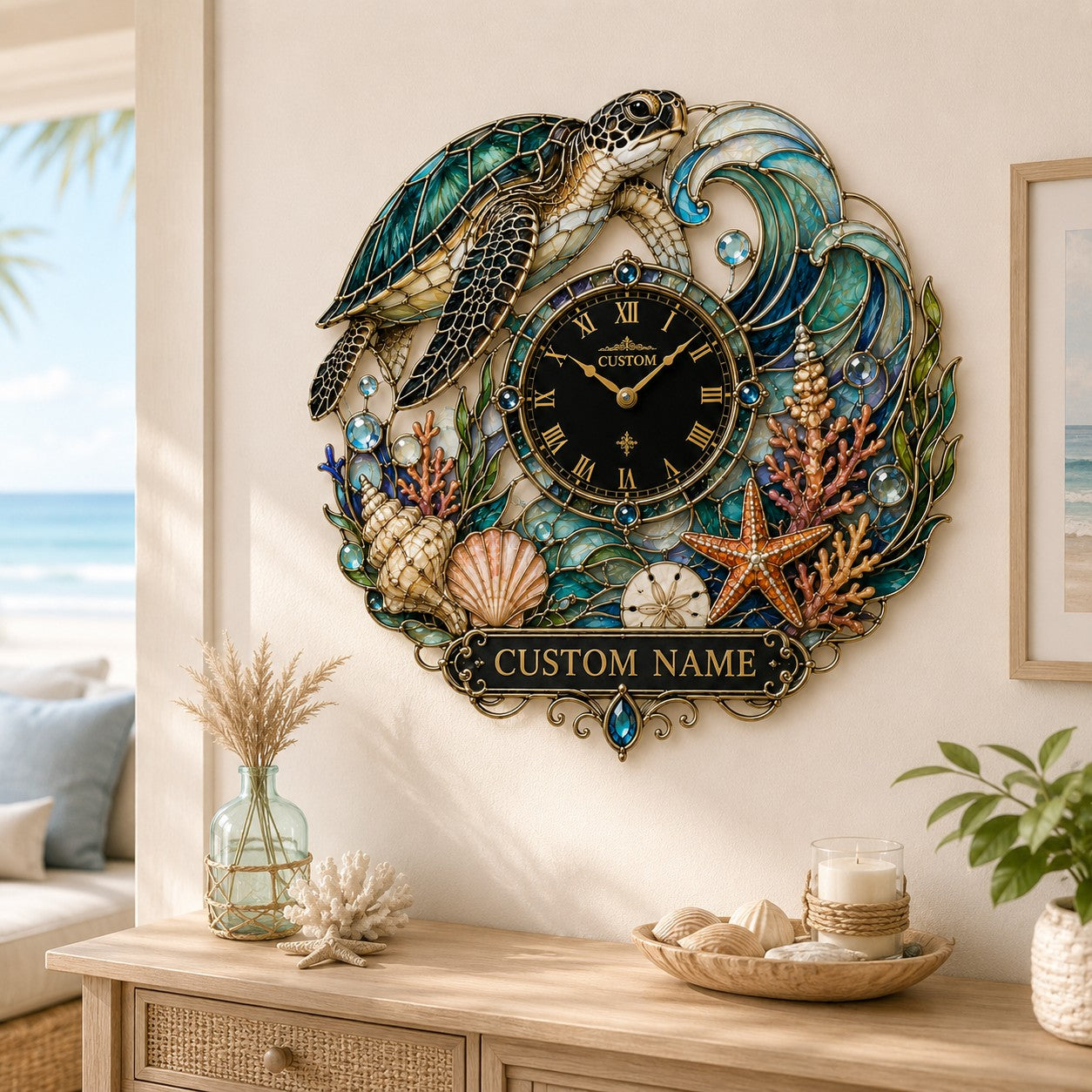 Personalized Sea Turtle Lovers Wall Clock with Custom Name — personalized with a custom name