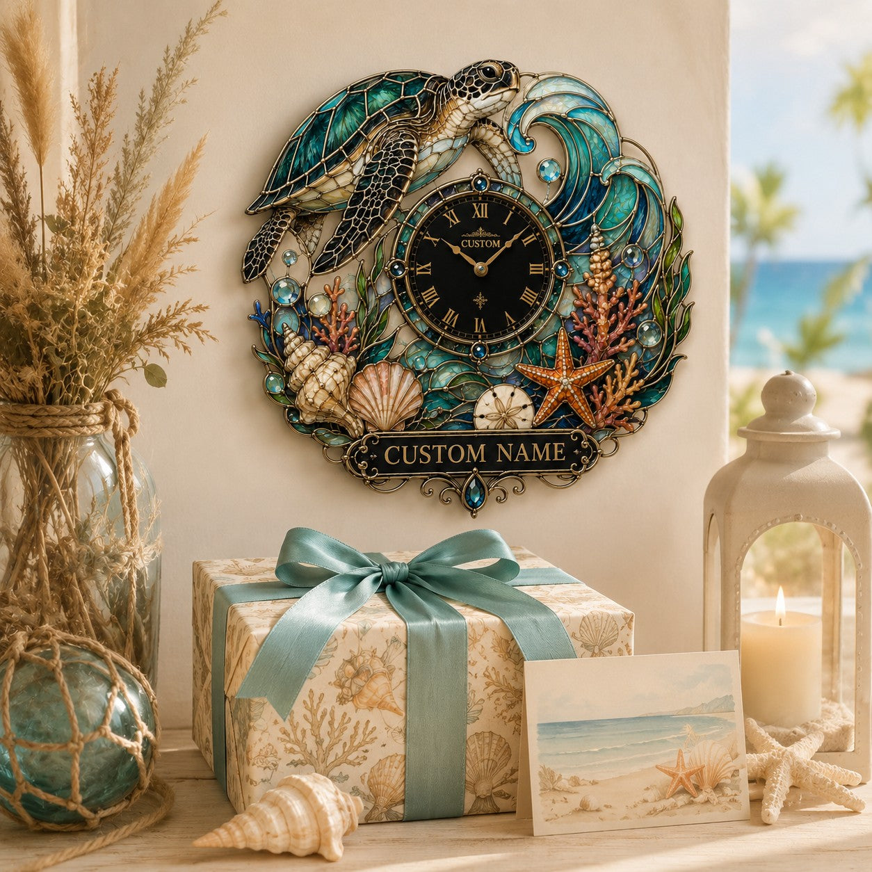 Personalized Sea Turtle Lovers Wall Clock with Custom Name — personalized with a custom name