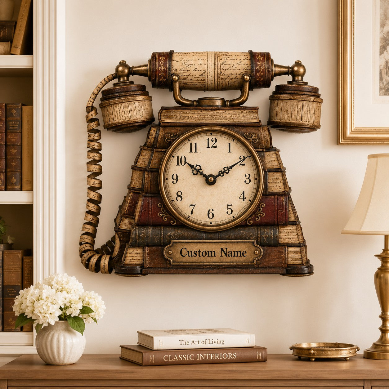 Personalized Vintage Telephone Book Lover Wall Clock with Custom Name — personalized with a custom name
