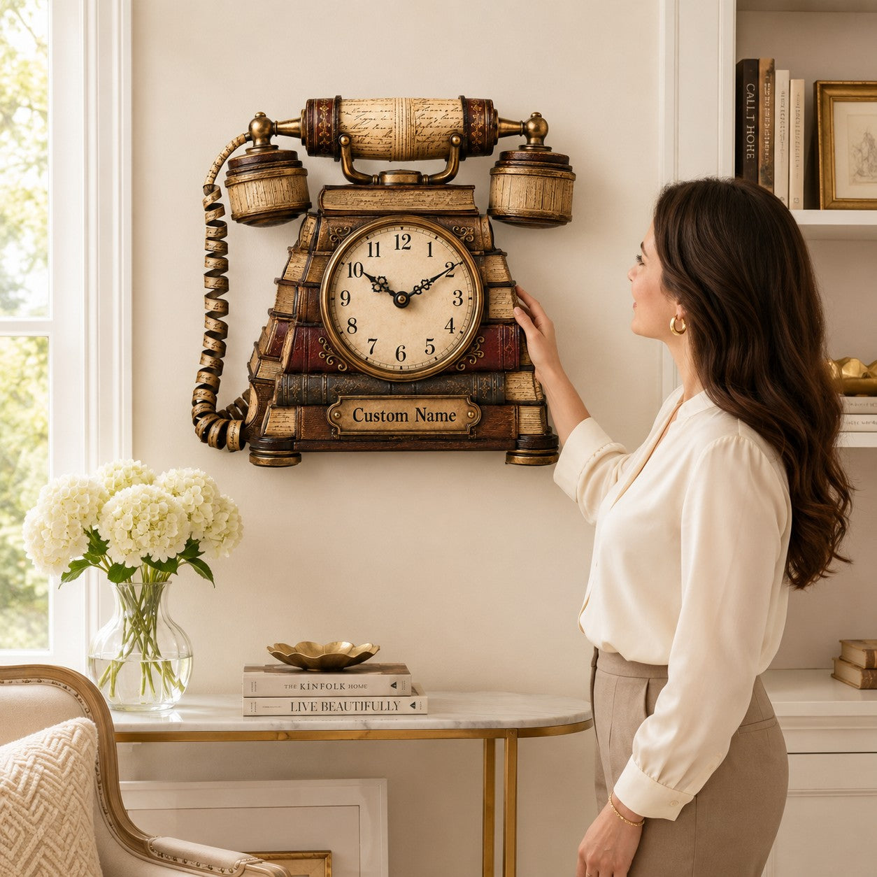Personalized Vintage Telephone Book Lover Wall Clock with Custom Name — personalized with a custom name
