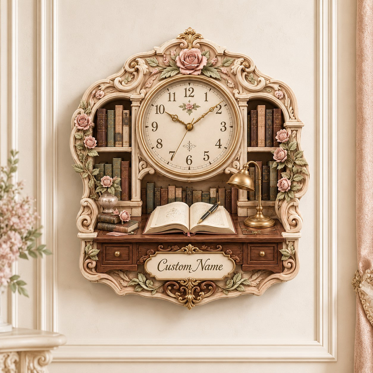 Personalized Floral Library Wall Clock with Custom Name — personalized with a custom name