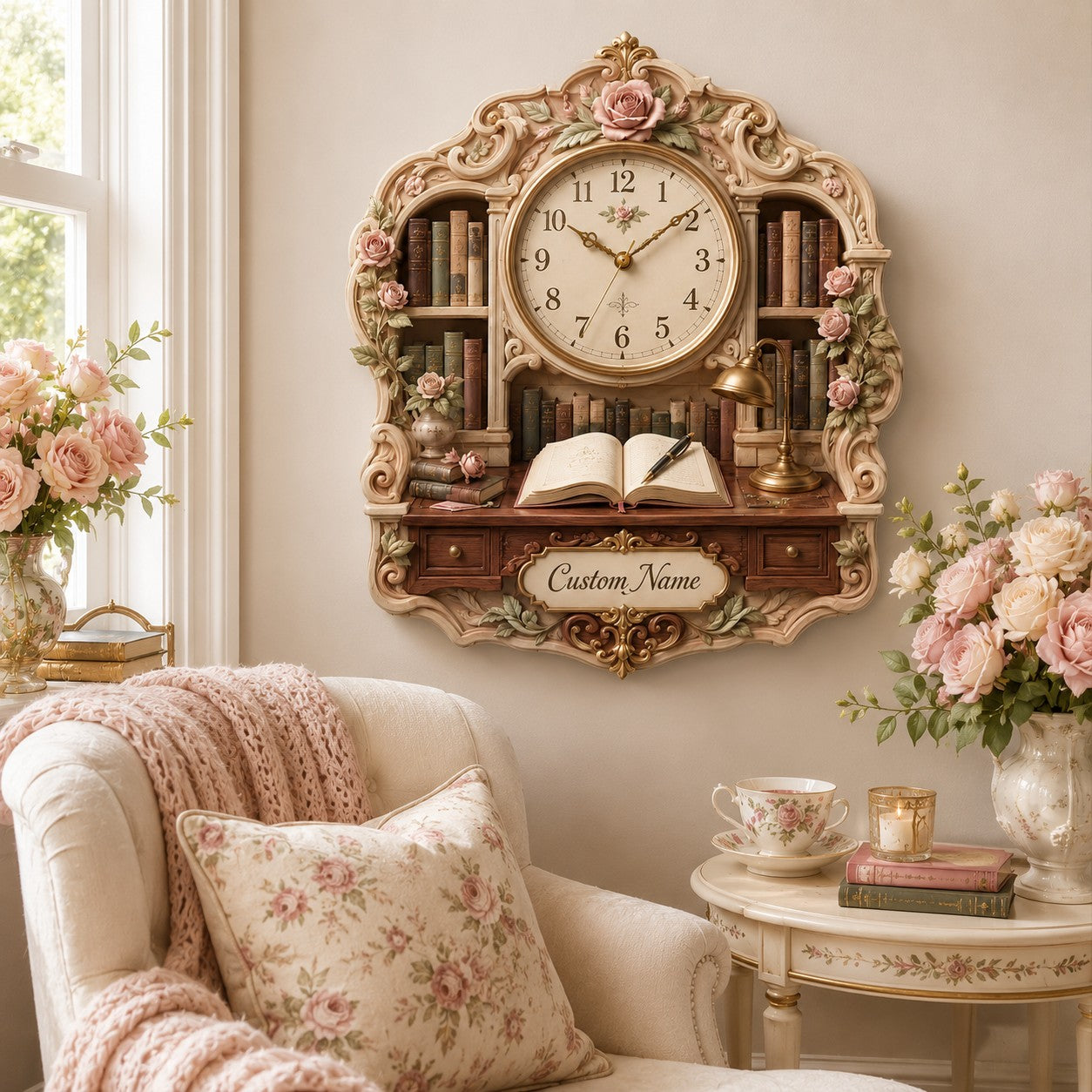 Personalized Floral Library Wall Clock with Custom Name — personalized with a custom name