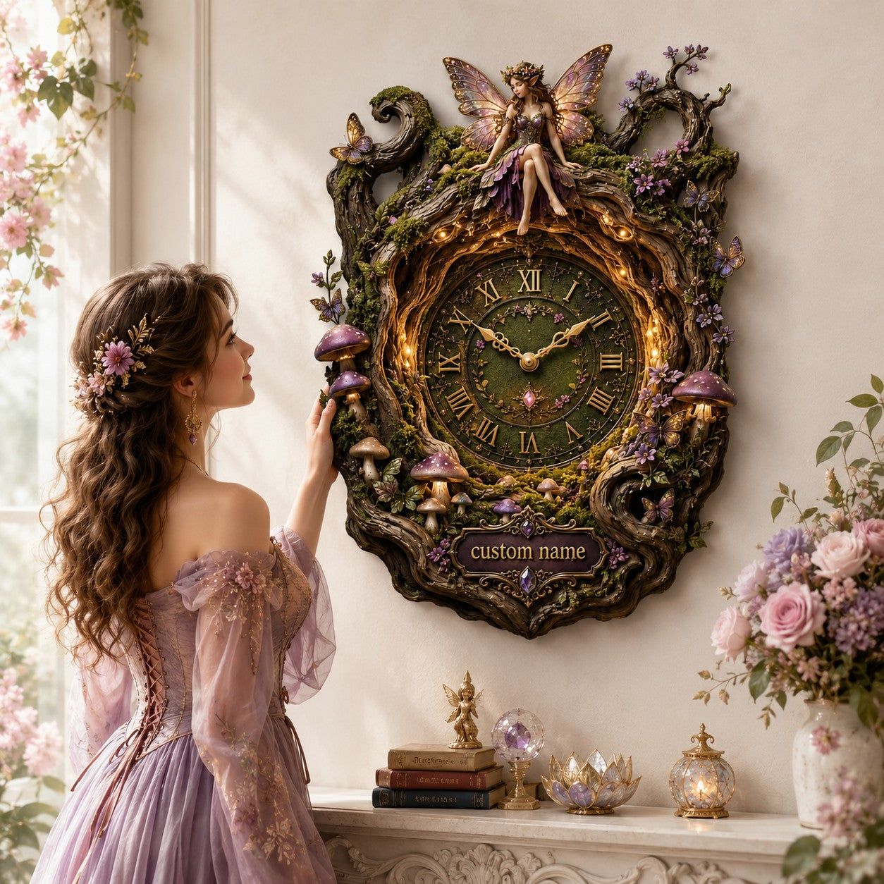Personalized Dark Enchanted Forest Fairy Wall Clock with Custom Name — personalized with a custom name