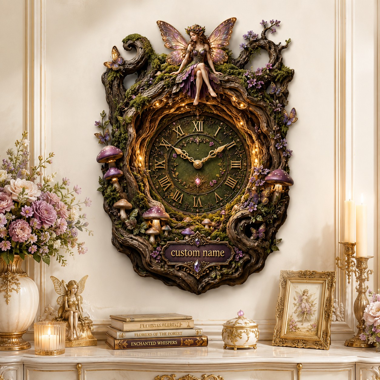 Personalized Dark Enchanted Forest Fairy Wall Clock with Custom Name — personalized with a custom name