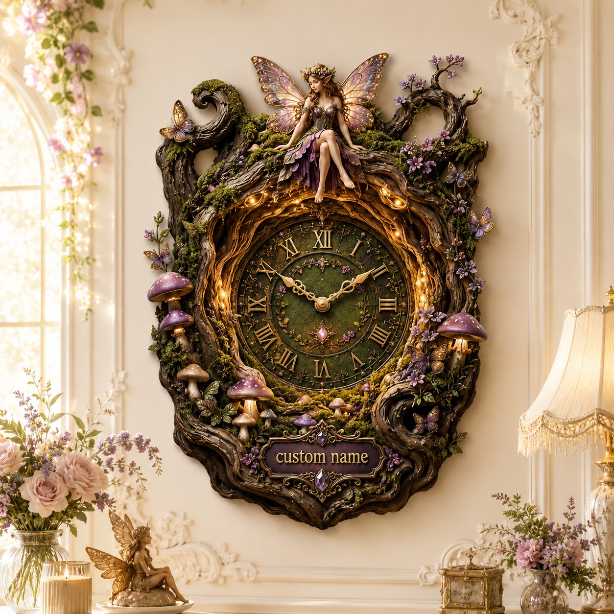 Personalized Dark Enchanted Forest Fairy Wall Clock with Custom Name — personalized with a custom name